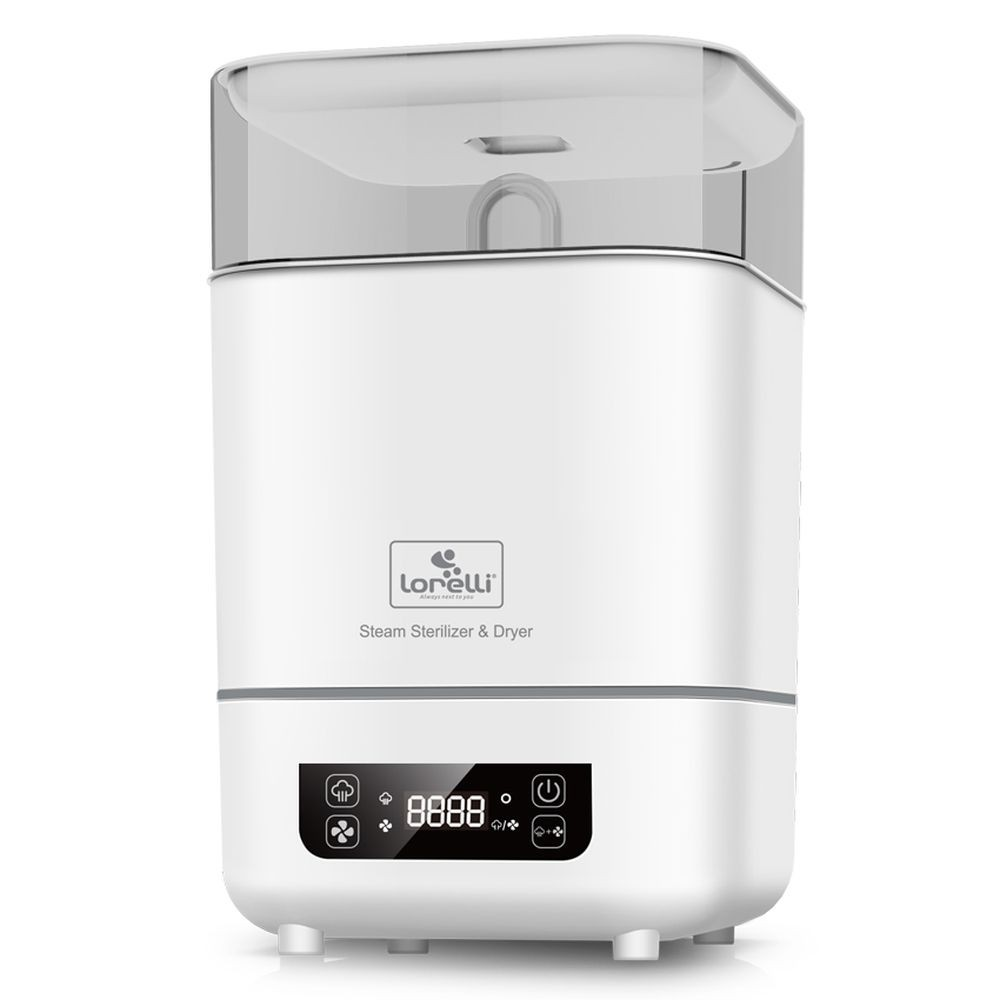Ein weißer Lorelli Dampfsterilisator und Trockner mit transparentem Deckel und digitalem Bedienfeld.