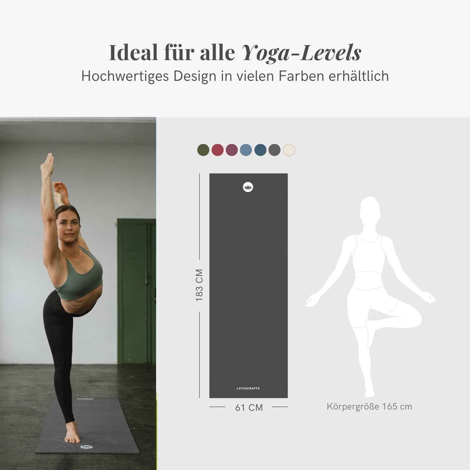 Donna in posa yoga, tappetino 183x61cm, opzioni di colore e silhouette di riferimento.