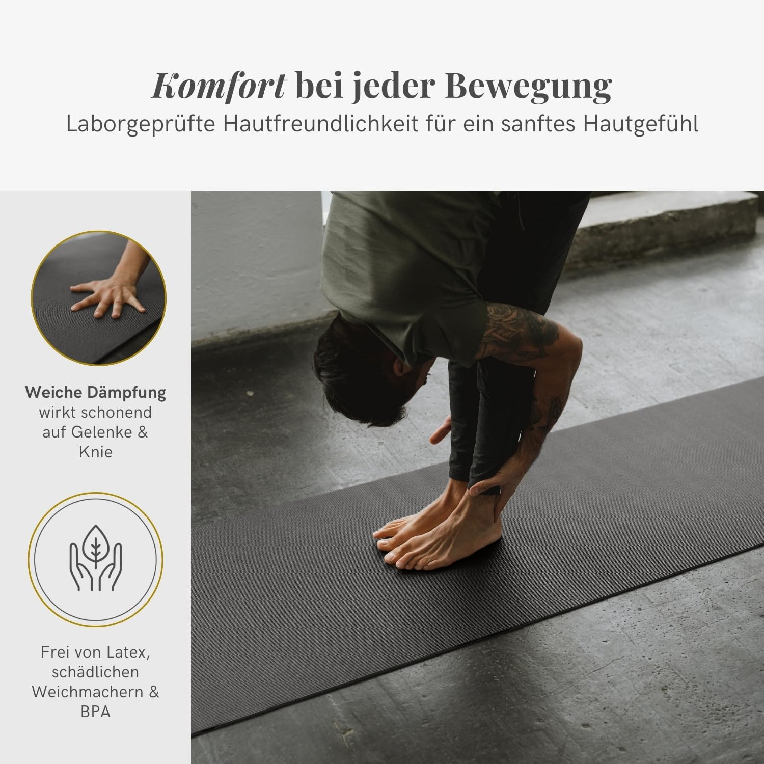 Una persona si piega su un tappetino da yoga, con testo e icone su materiali delicati sulla pelle.