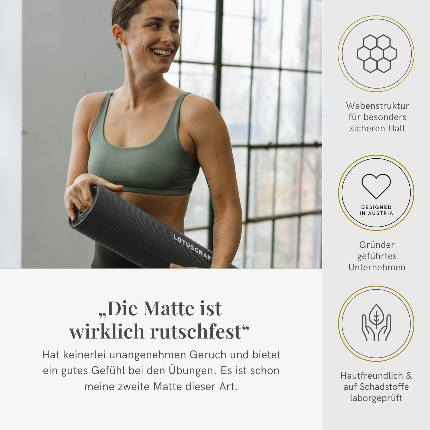 Donna sorridente che tiene un tappetino da yoga grigio vicino a tre icone.