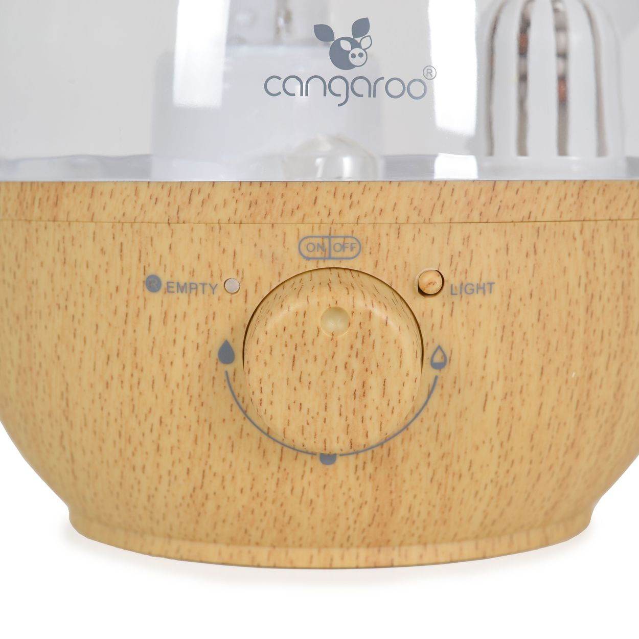 Holzfarbener Gerätesockel mit zentralem Drehknopf, An/Aus-Schalter und 'Cangaroo'-Logo.