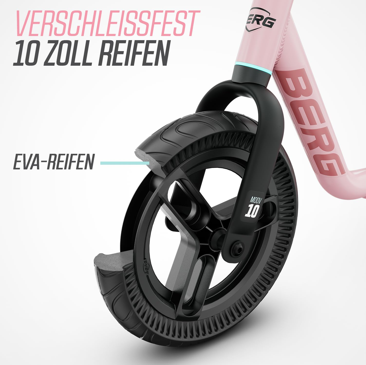 Primo piano della ruota di una bici senza pedali rosa Berg con pneumatico EVA da 10 pollici.