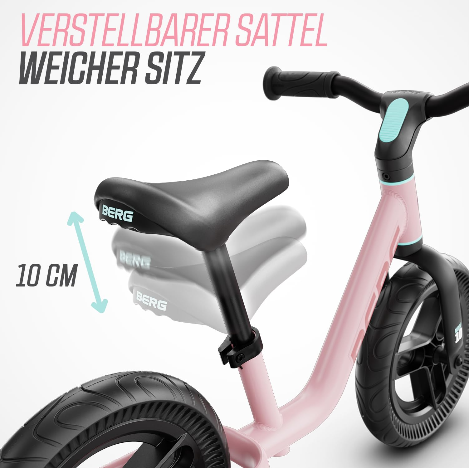 Bici senza pedali rosa con sella regolabile in altezza di 10 cm, su sfondo bianco.