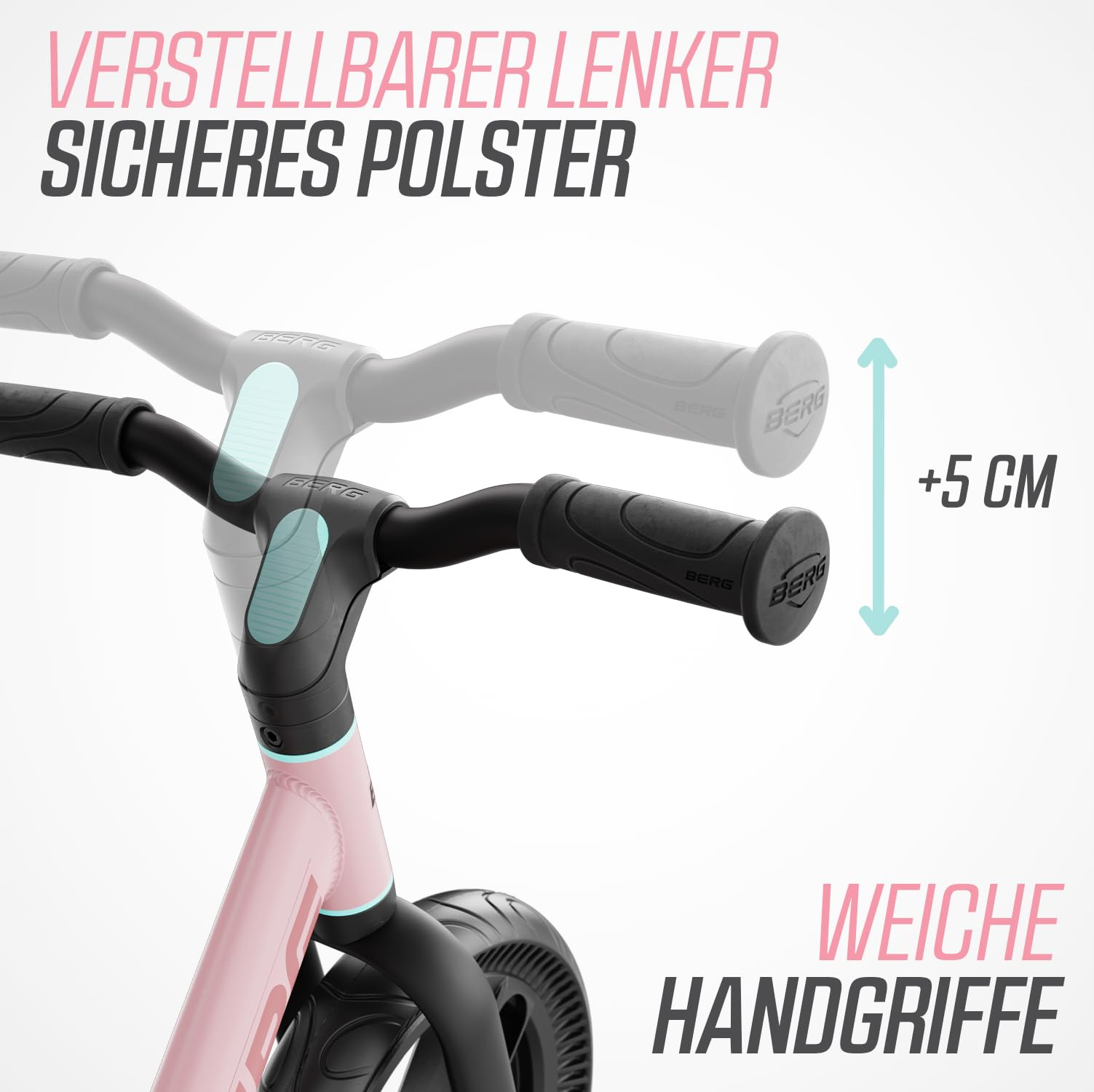 Bici senza pedali rosa e nera con manubrio regolabile e manopole morbide, più 5 cm.