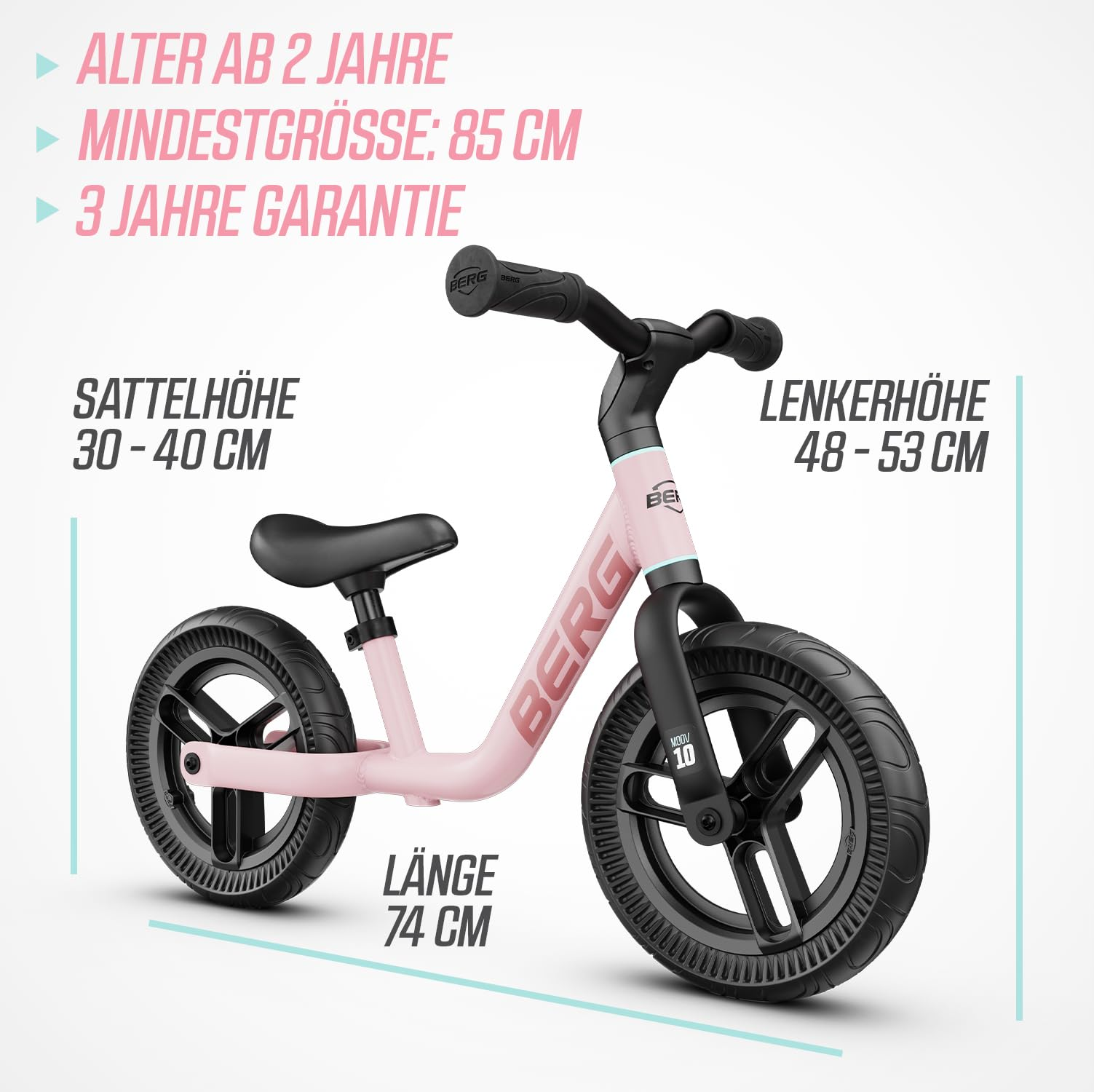Bici senza pedali BERG rosa con dimensioni, sella, manubrio e ruote neri su sfondo bianco.
