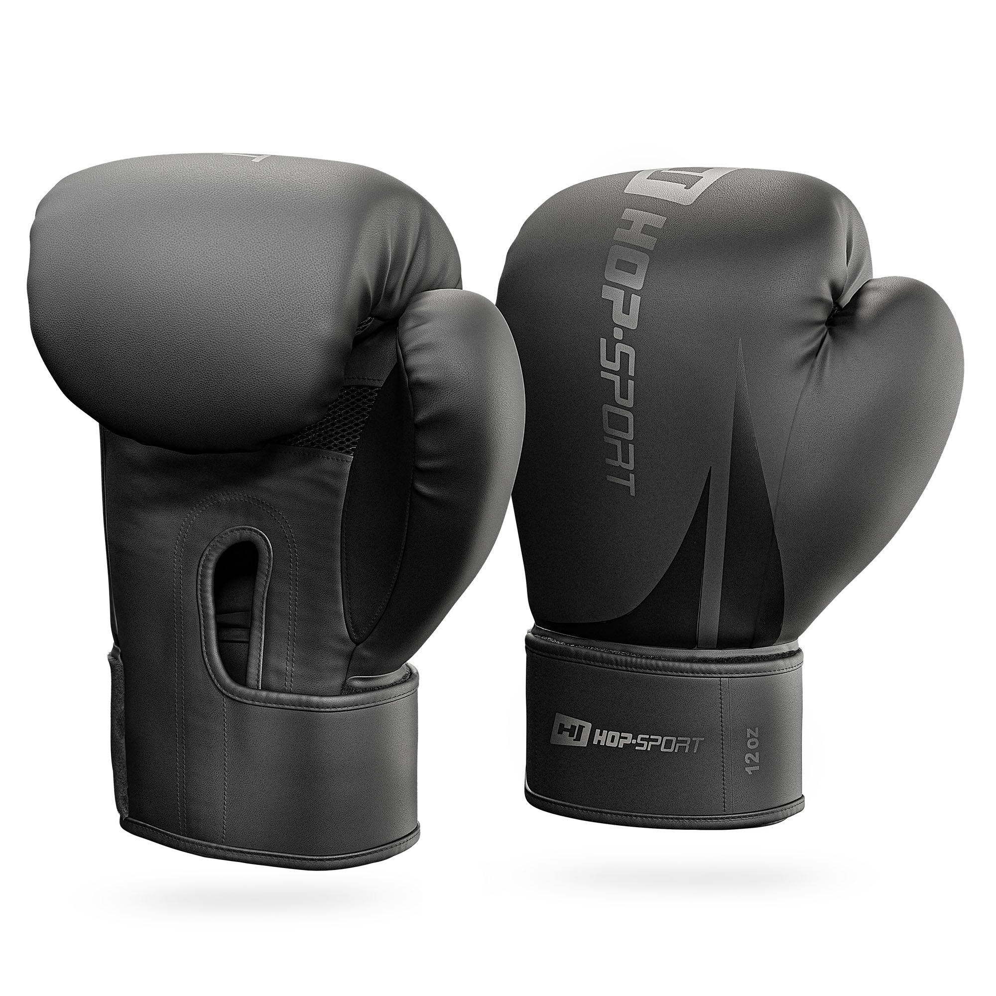 Zwei schwarze Hop-Sport Boxhandschuhe mit Markenlogo auf weißem Hintergrund.