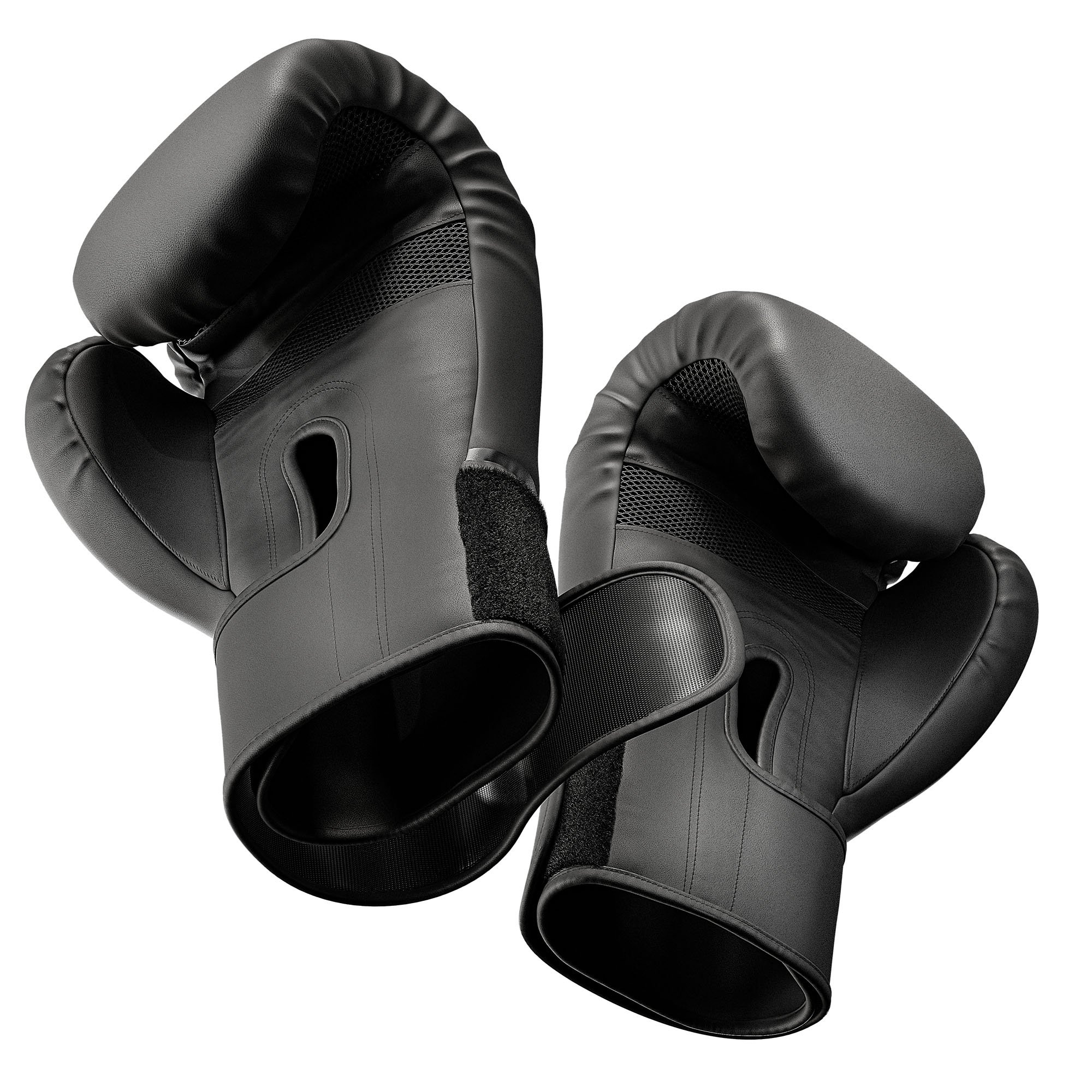 Zwei schwarze Boxhandschuhe mit Klettverschluss auf weißem Hintergrund.