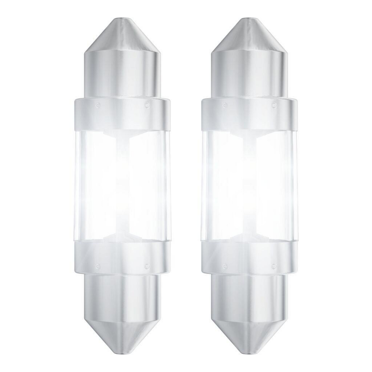 Zwei zylindrische LED-Sofittenlampen mit silbergelben Metallkappen auf weißem Hintergrund.