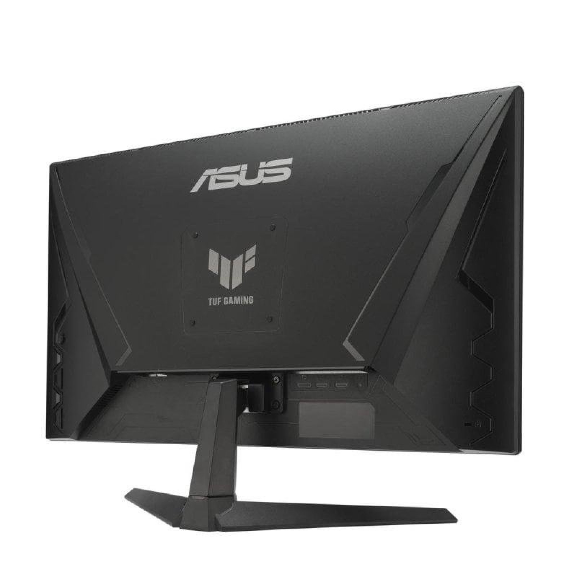 Widok z tyłu czarnego monitora ASUS TUF Gaming z podstawką na białym tle.