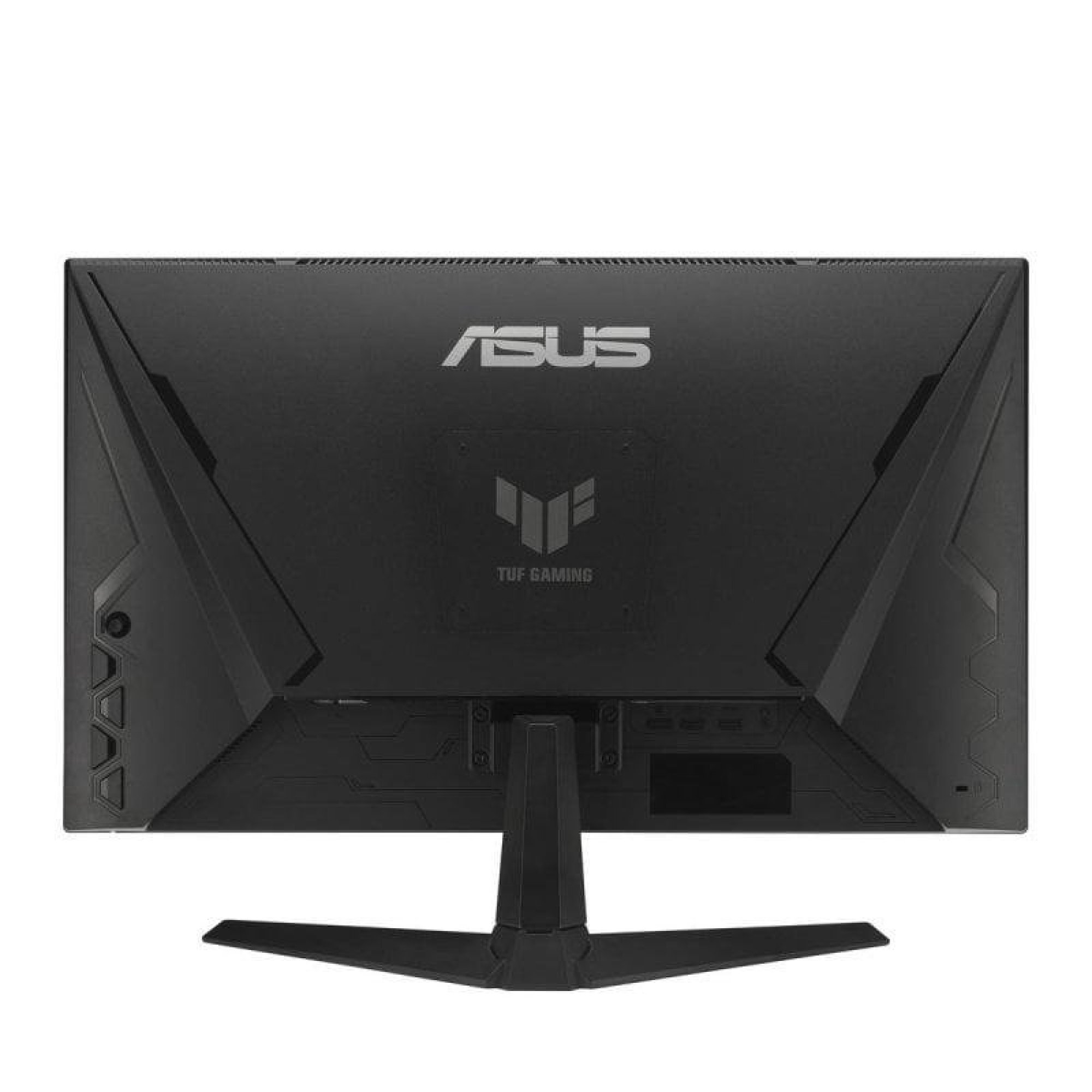 Widok z tyłu czarnego monitora dla graczy ASUS TUF z podstawą na białym tle.
