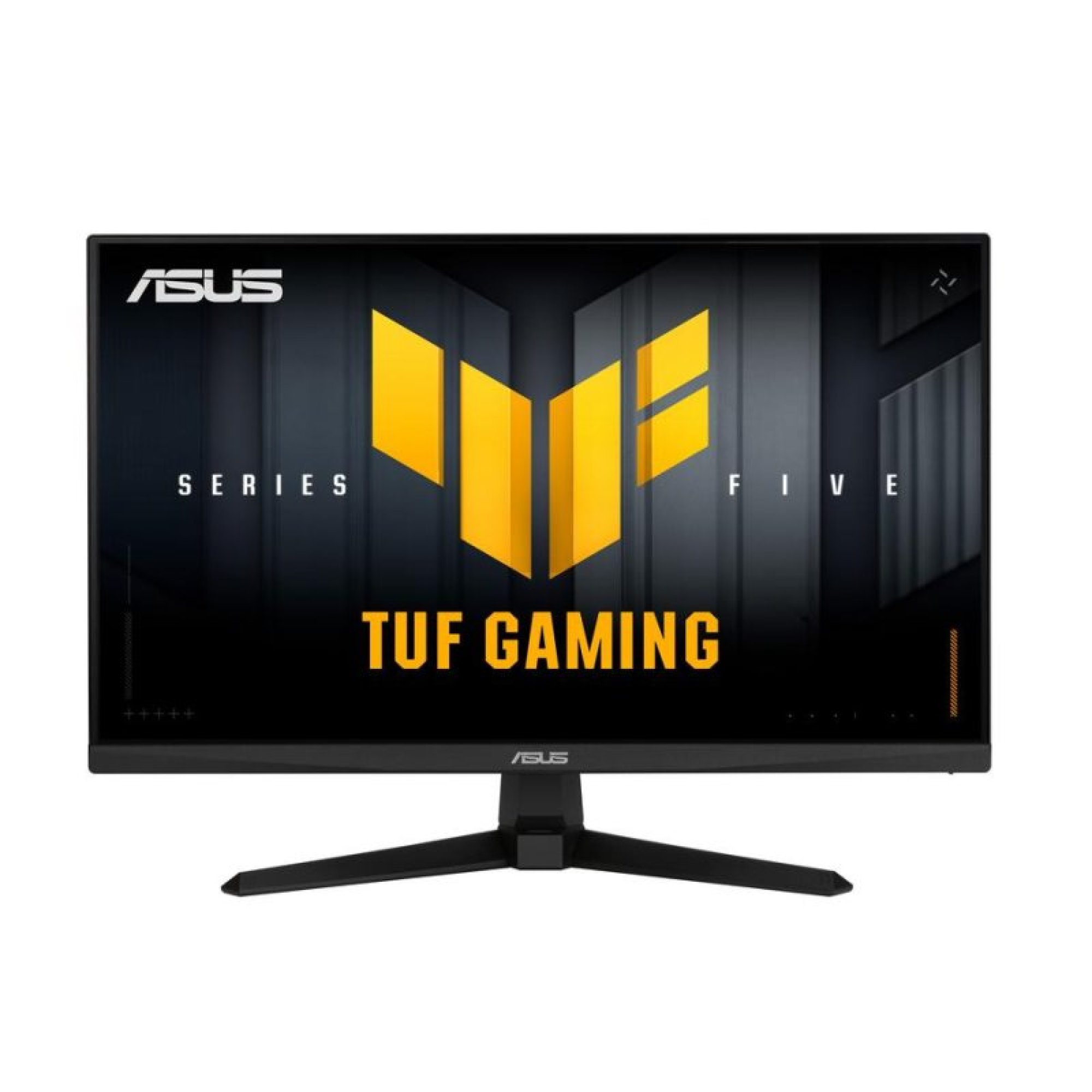 Monitor ASUS TUF Gaming na czarnej podstawi z żółtym logo TUF na ekranie.