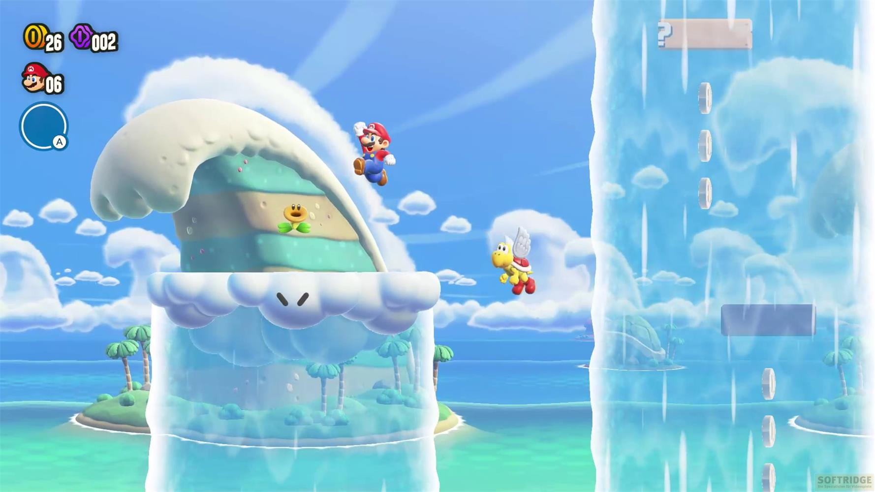 Mario springt über ein Wolken- und Wellenlevel in einem blauen Himmel.