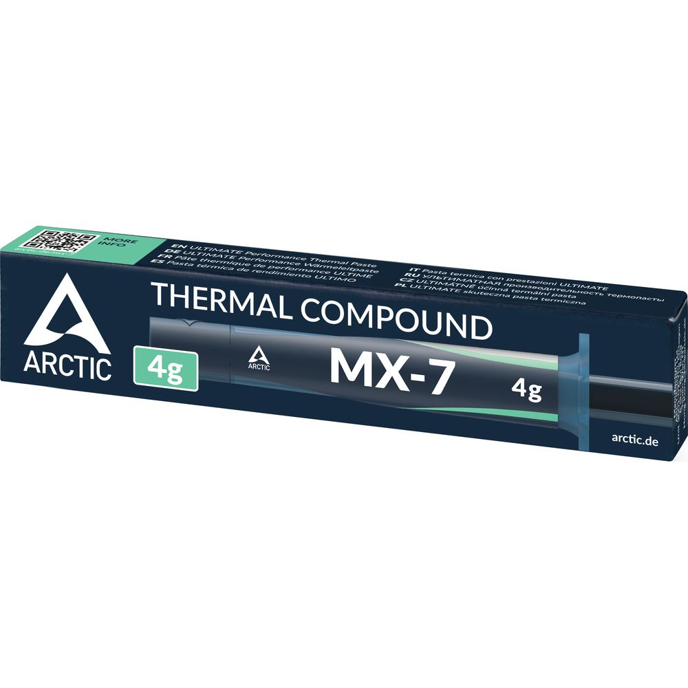 Beyaz yazılı ve yeşil detaylı koyu mavi Arctic MX-7 termal macun ambalajı.