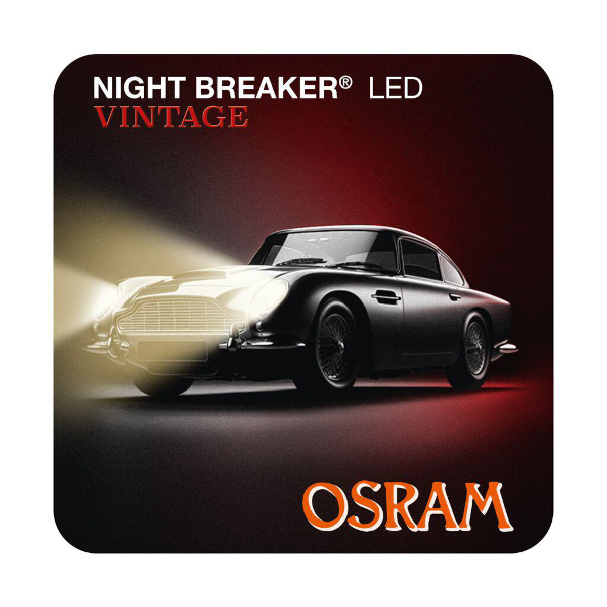 Ein schwarzer Oldtimer mit leuchtenden Scheinwerfern vor rotem und schwarzem Hintergrund, mit OSRAM Logo.