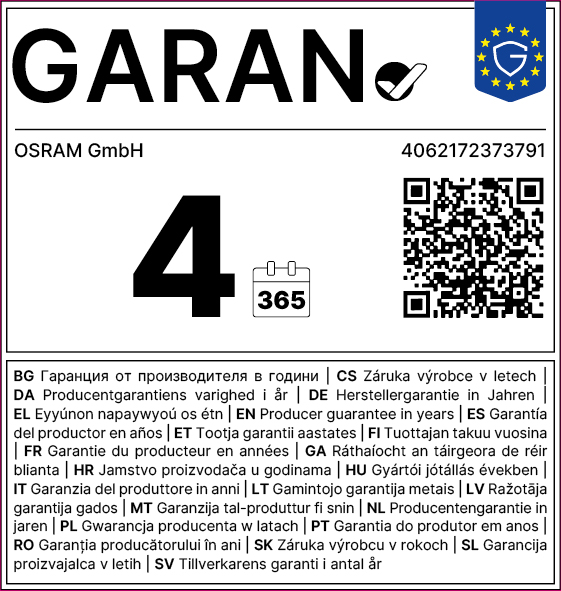 Osram 4-Jahres-Garantieetikett mit QR-Code und mehrsprachigem Text.