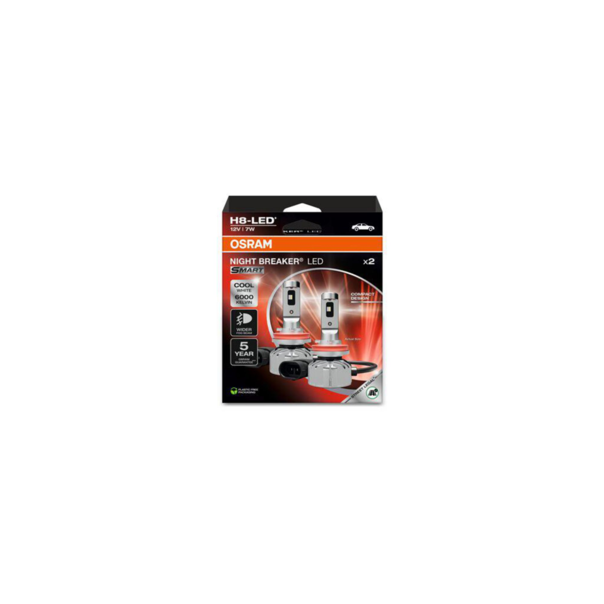 Osram Night Breaker LED H8 Scheinwerferbox mit zwei Lampen vor rotem und schwarzem Hintergrund.