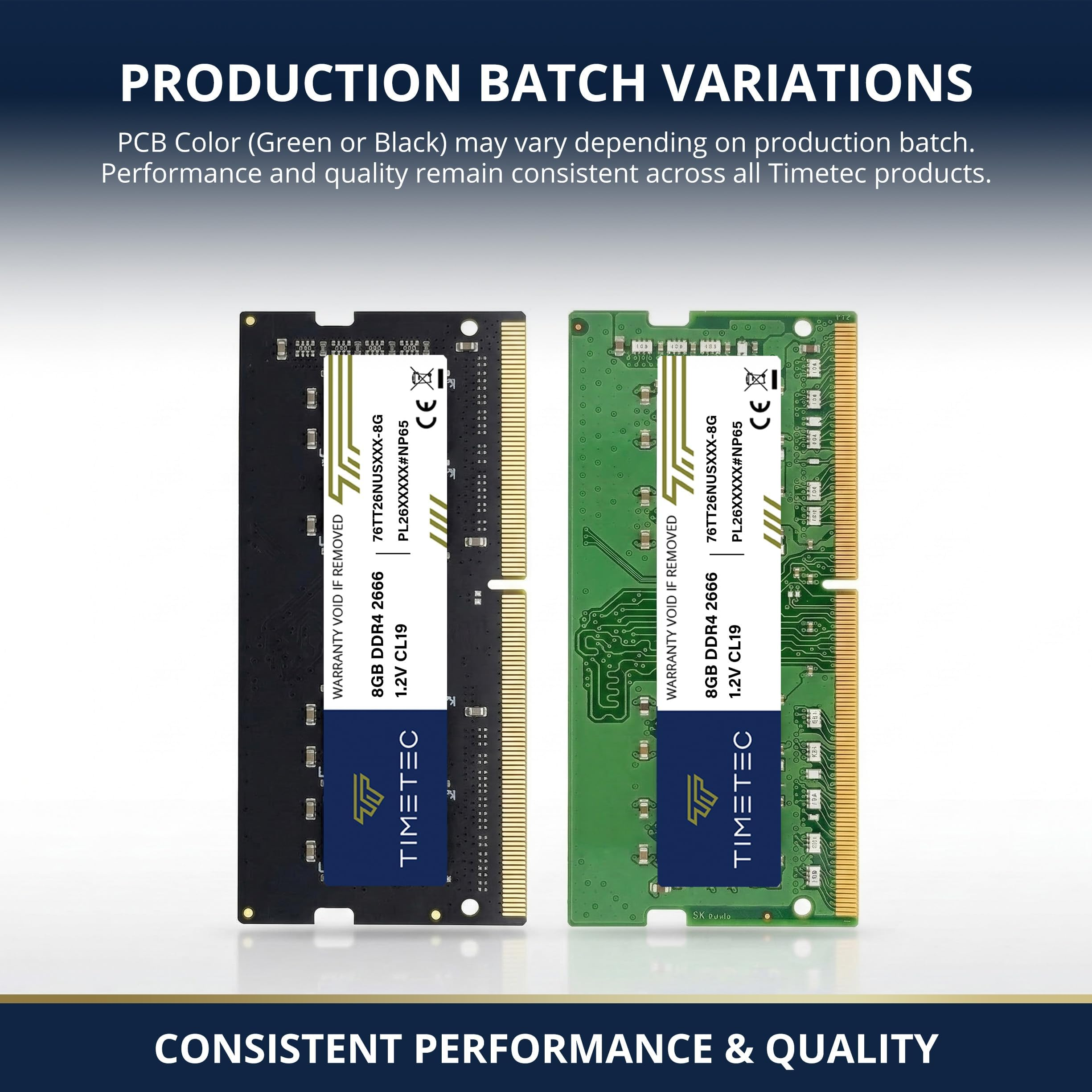 Zwei Timetec RAM-Sticks mit schwarzer und grüner Platine zur Darstellung der Chargenvariationen.
