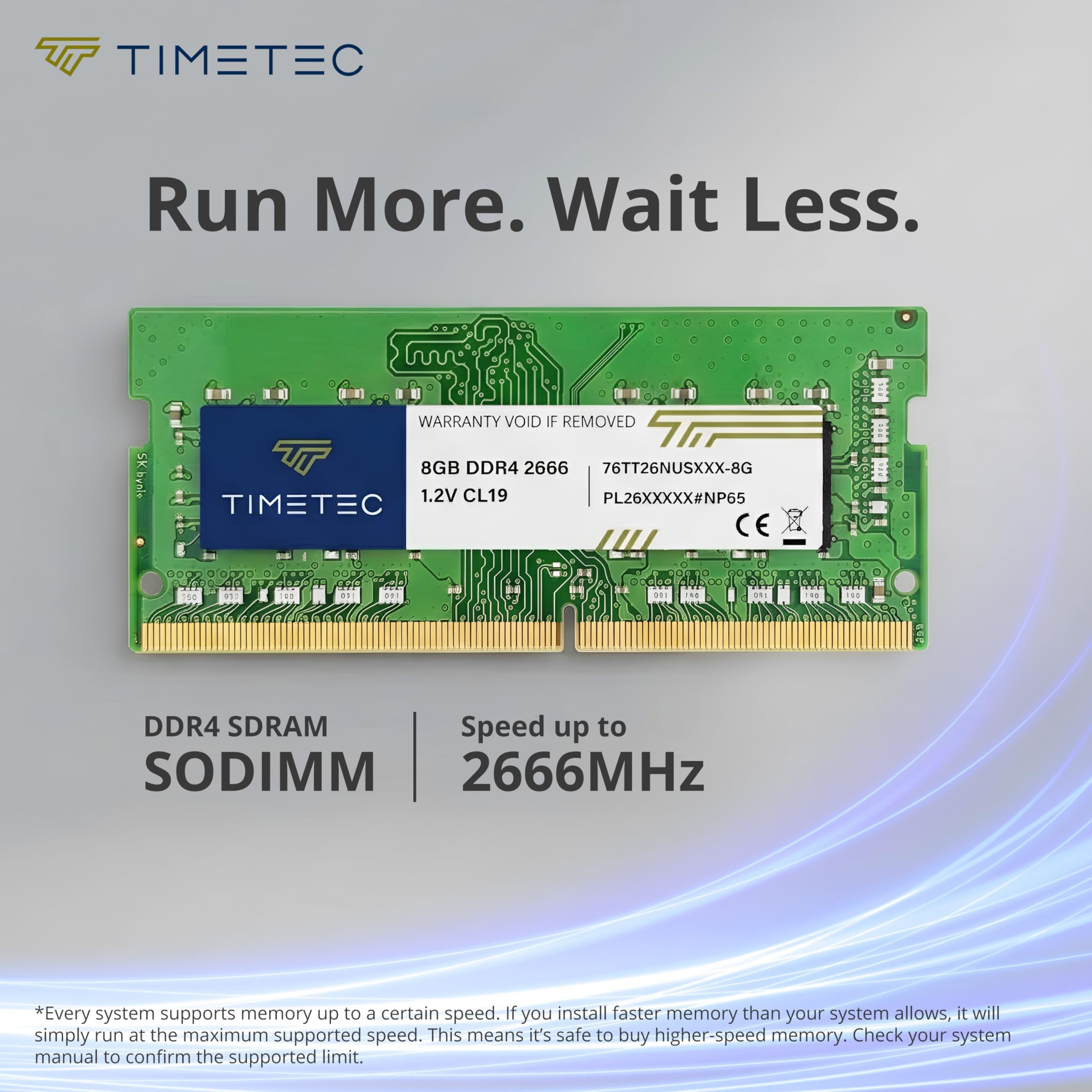 Timetec 8GB DDR4 SODIMM Speicherstick mit einer Geschwindigkeit von 2666MHz vor grauem Hintergrund.