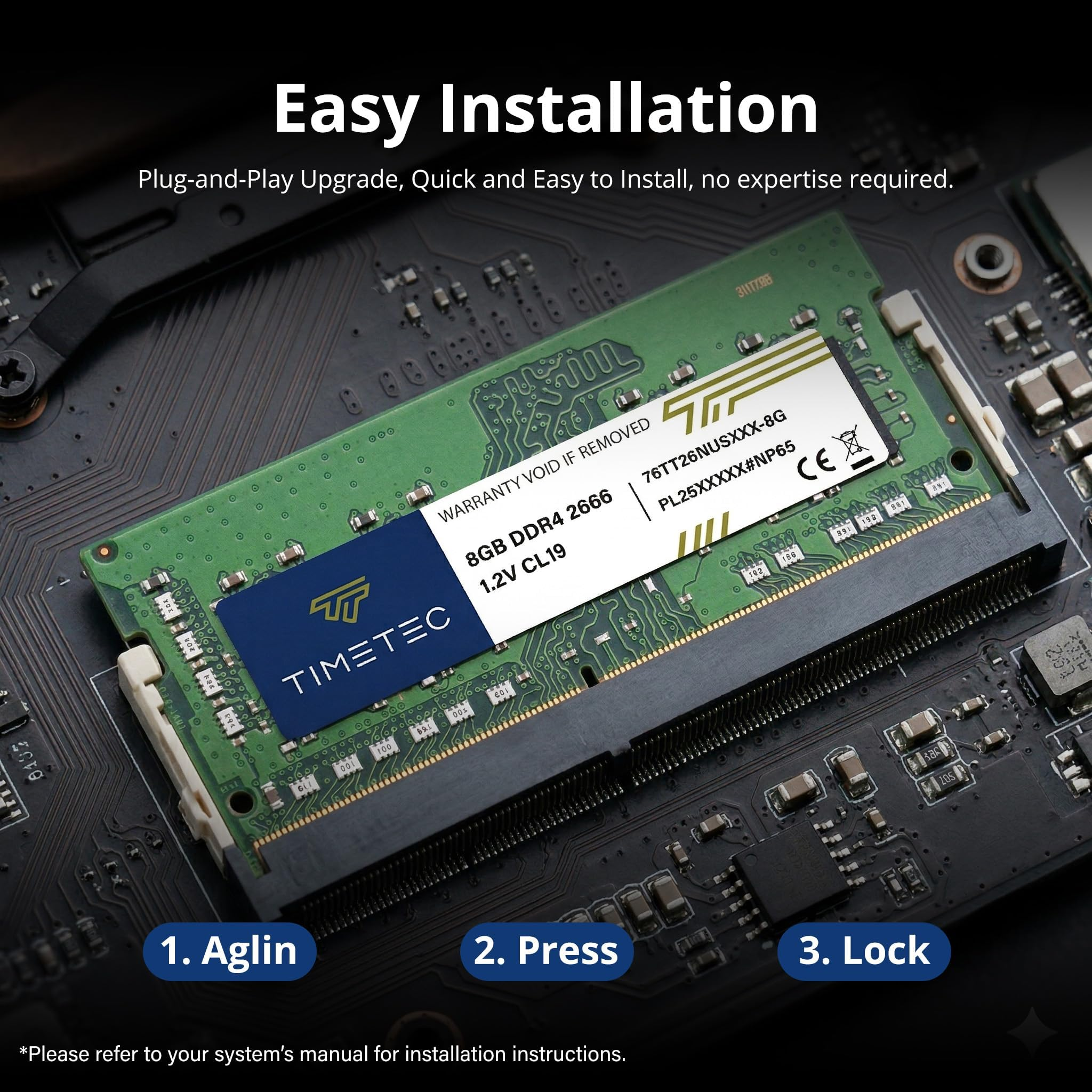 Grüner Timetec 8GB DDR4 RAM-Stick installiert in einem Laptop-Motherboard.