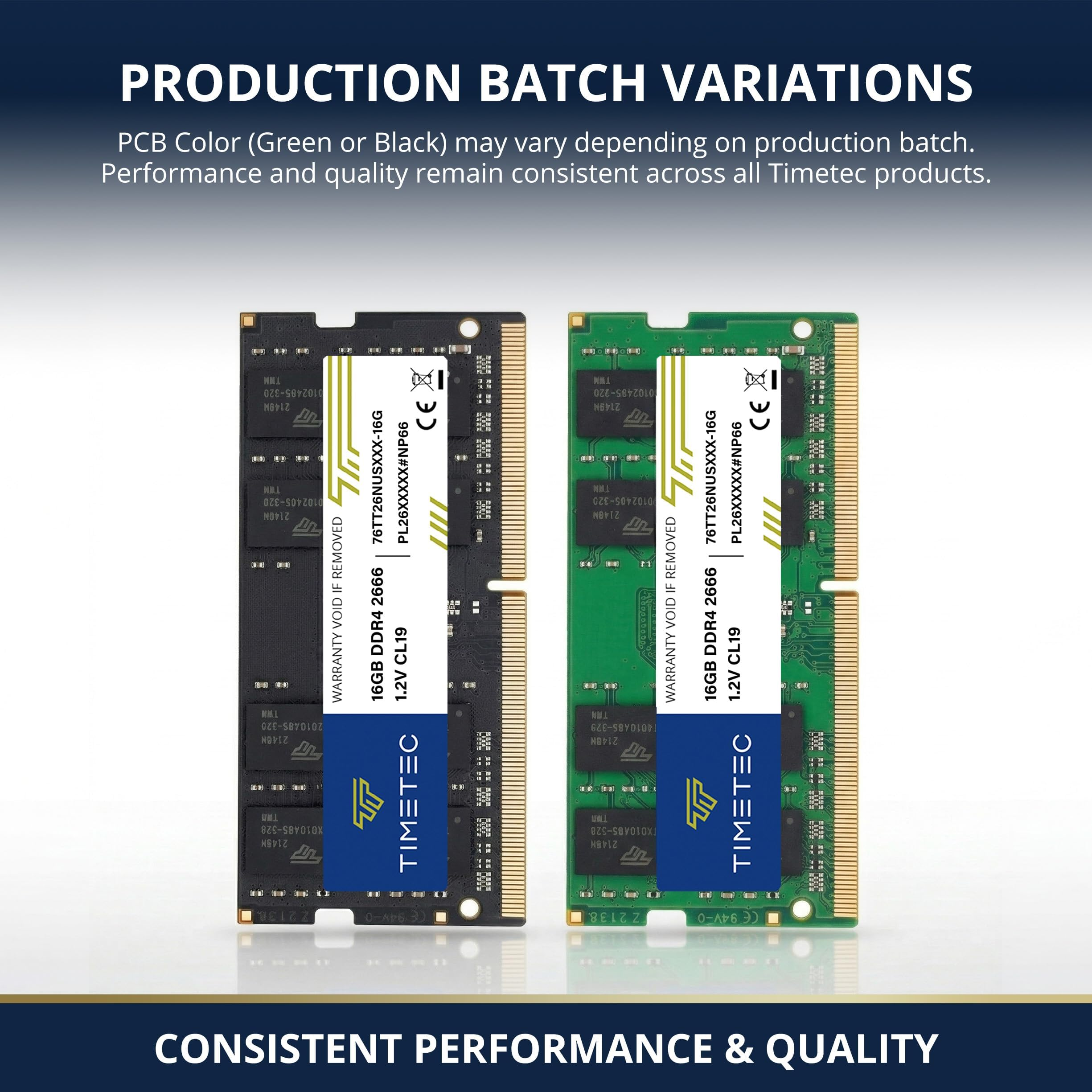 Deux barrettes de RAM à circuit noir et vert montrent les variations de lots de production de Timetec.