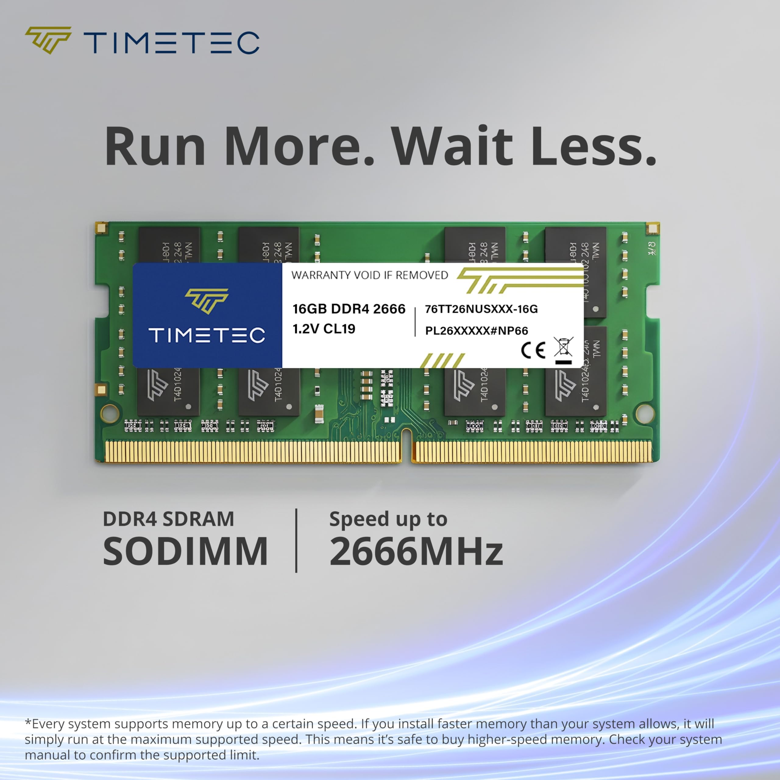 Module de mémoire RAM SODIMM Timetec 16 Go DDR4 2666 sur fond gris.