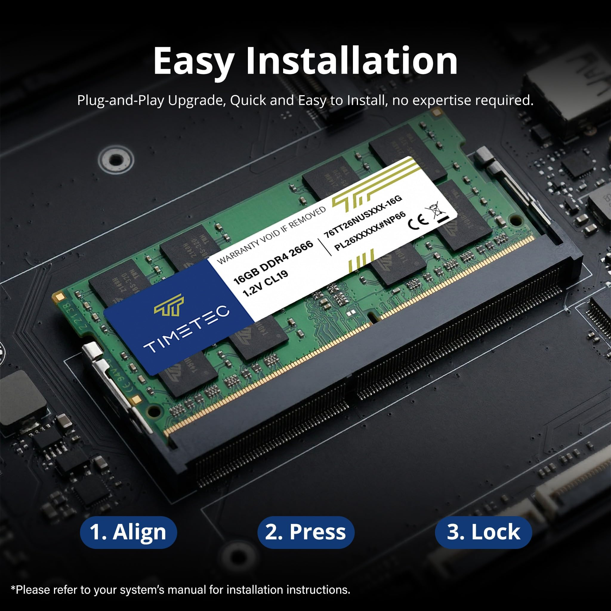 Une barette de RAM Timetec 16 Go DDR4 sur une carte mère, avec des instructions d'installation simples.
