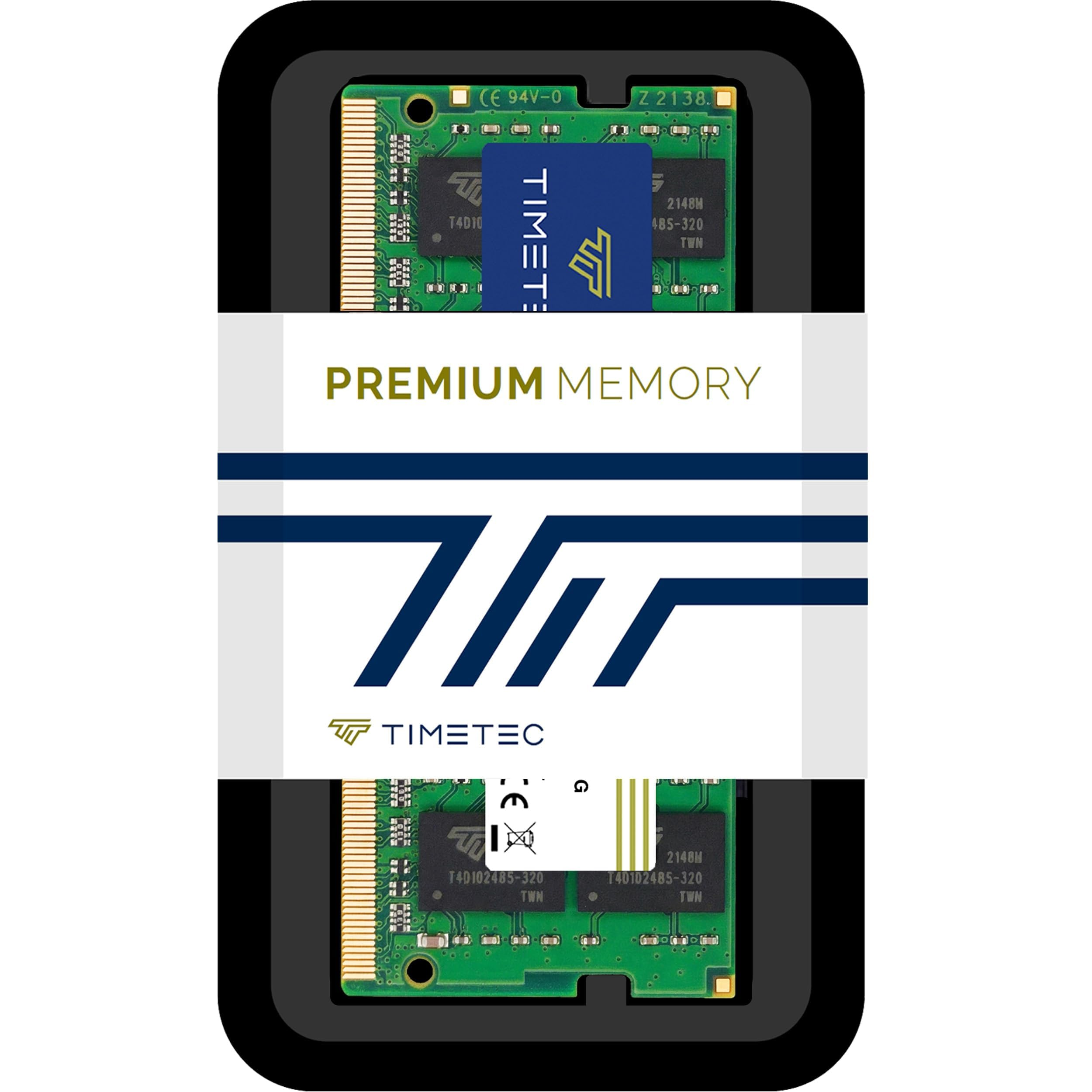 Mémoire RAM d'ordinateur portable Timetec verte dans un boîtier noir avec une bande blanche.