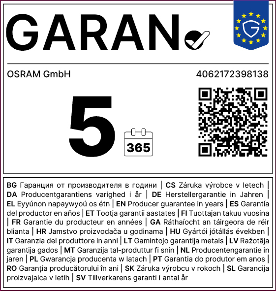 Garantie-Label für OSRAM GmbH mit der Zahl 5, einem Kalendersymbol für 365 Tage, QR-Code und Text in verschiedenen Sprachen.