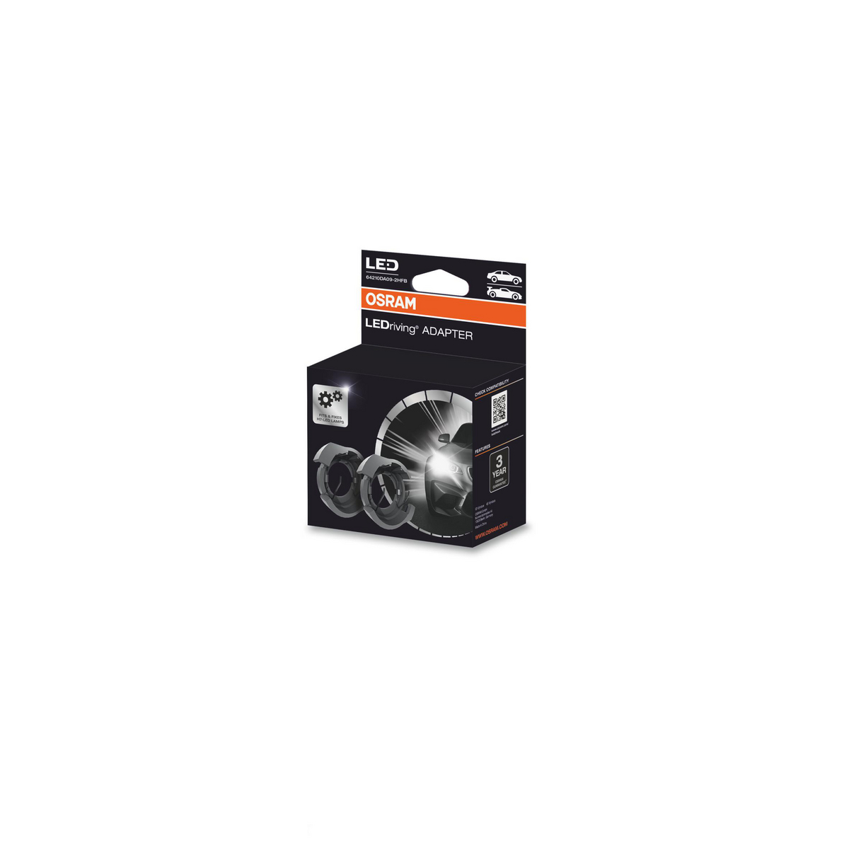 Osram LEDriving Adapter Produktverpackung mit zwei Scheinwerferadaptern auf schwarzem Hintergrund.