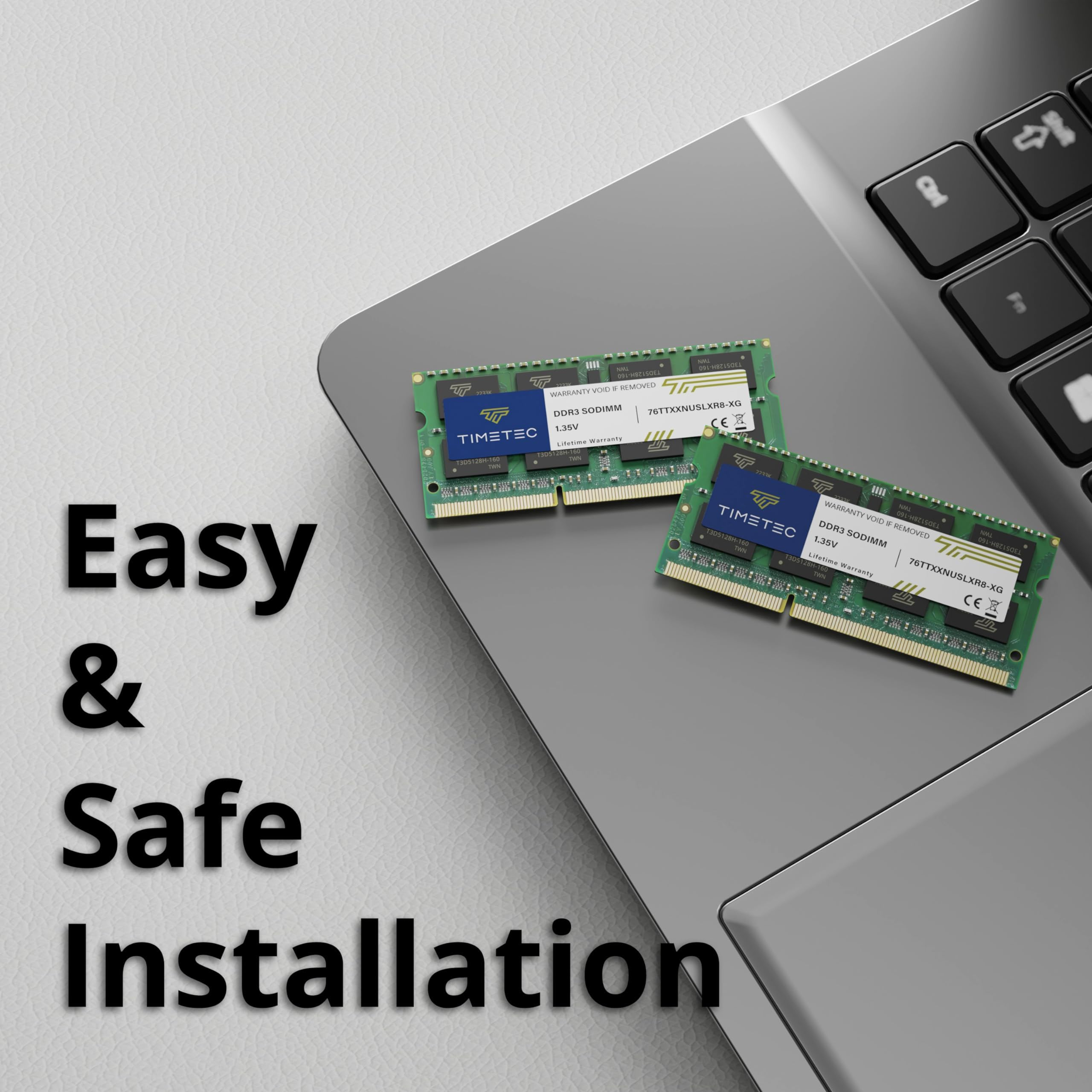 Deux barrettes RAM Timetec sur un ordinateur portable argenté. Texte : Easy & Safe Installation.