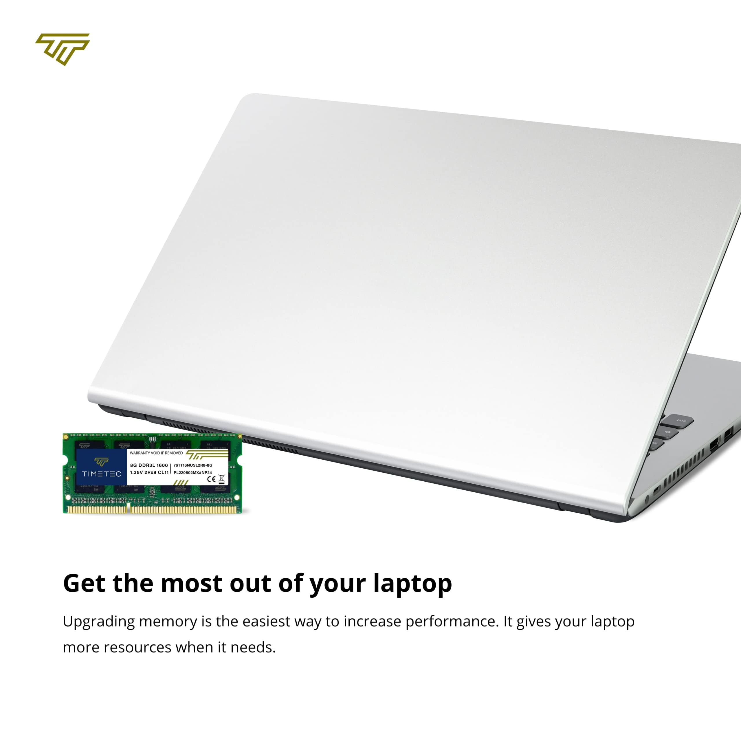 Un ordinateur portable argenté et un module RAM Timetec avec du texte sur les performances.