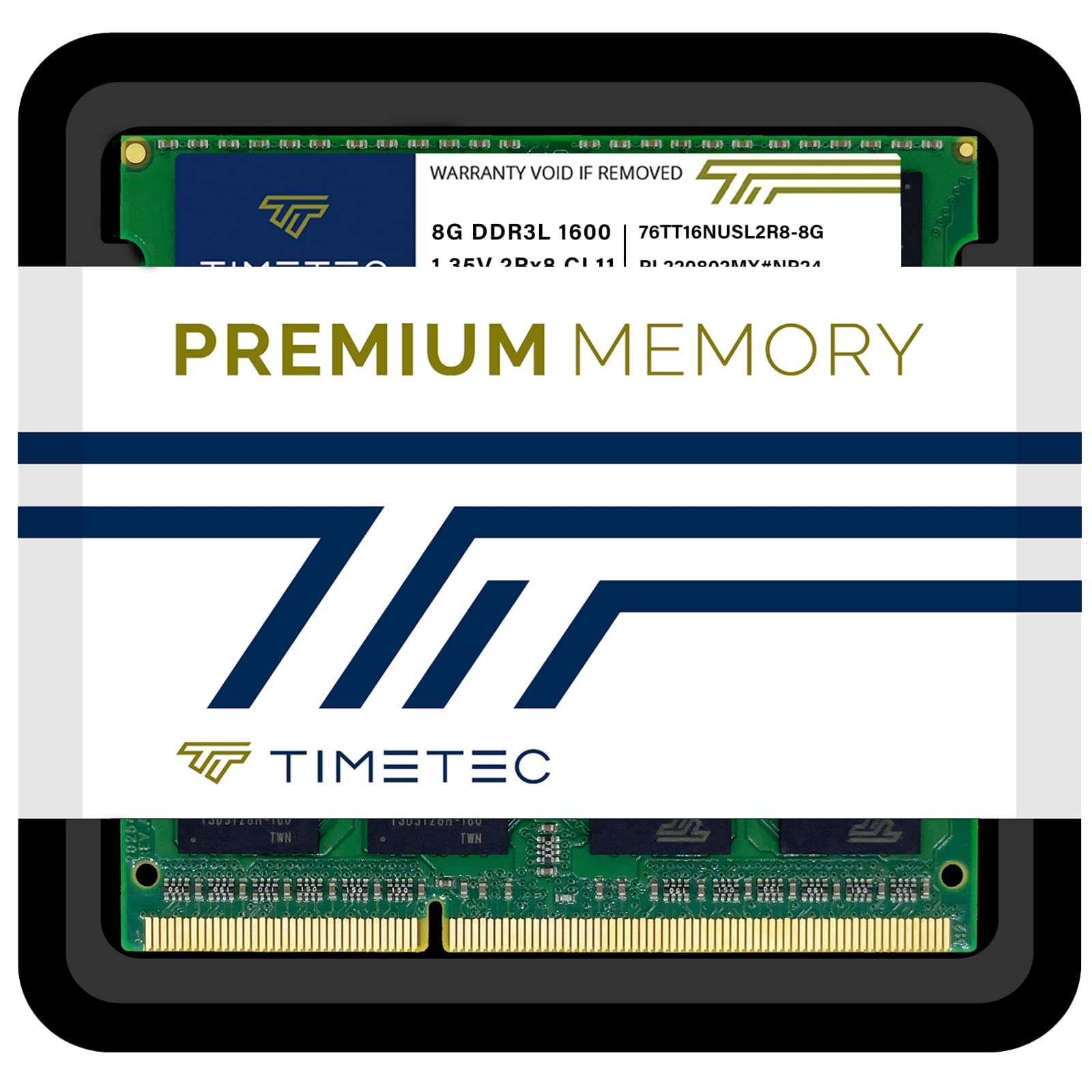 Barrette de RAM verte Timetec DDR3L 1600MHz avec bande blanche et texte PREMIUM MEMORY.