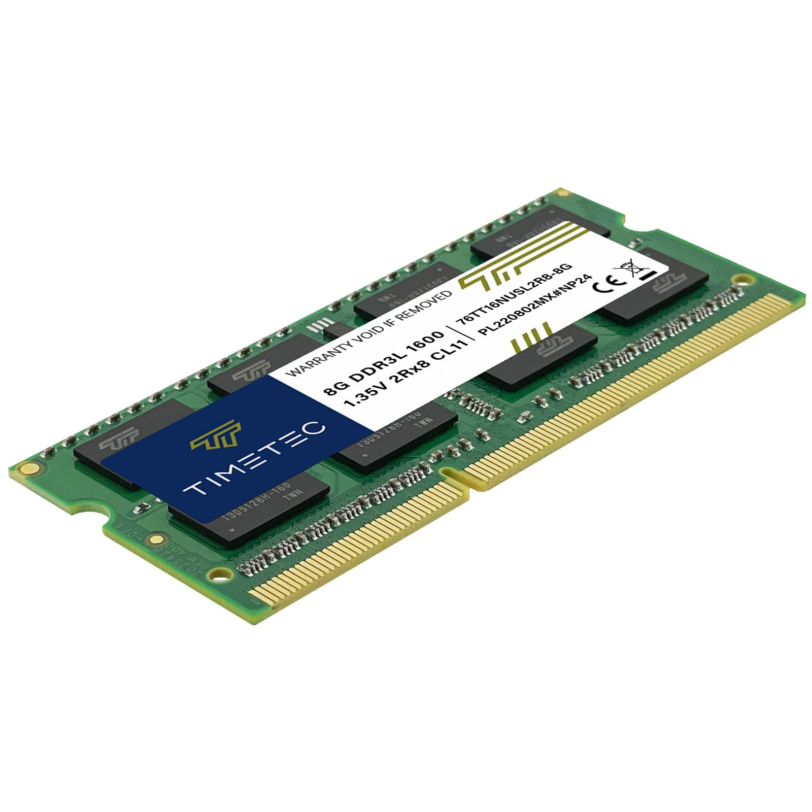 Barrette de RAM Timetec DDR3L verte sur fond blanc, avec une étiquette bleue et blanche.