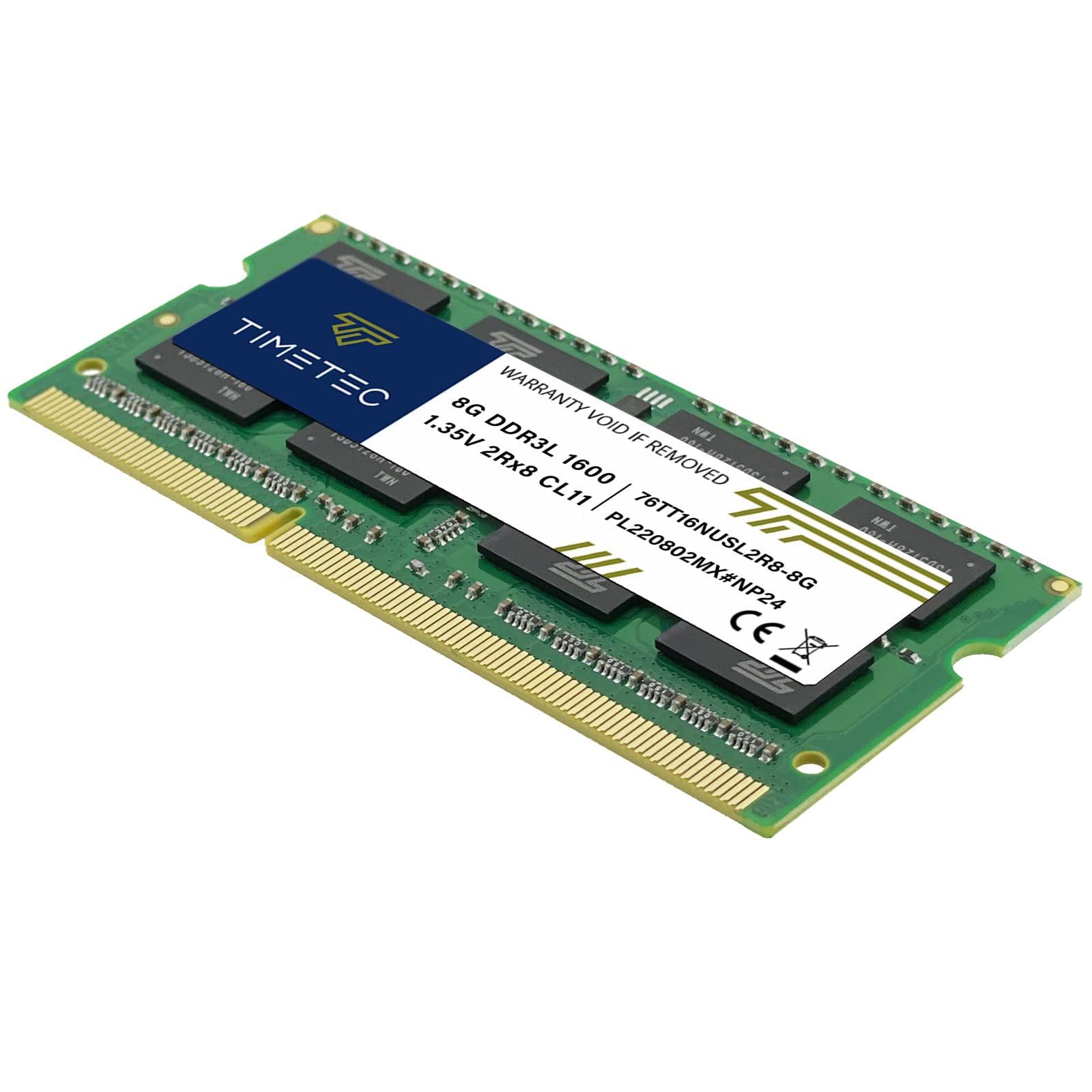 Une barrette RAM de PC portable Timetec 8 Go DDR3L avec étiquette bleue et blanche.