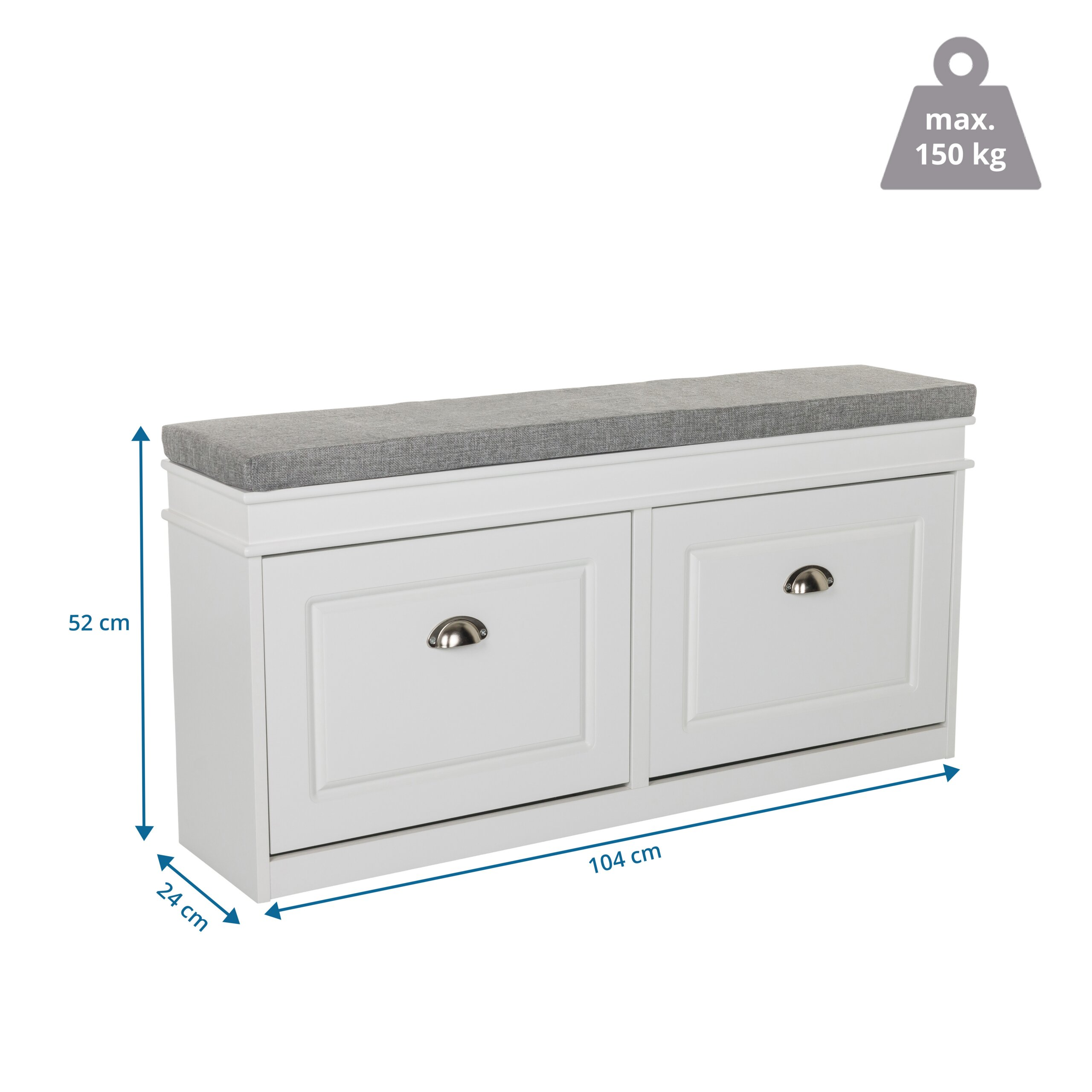 Weisse Sitzbank mit grauem Kissen und zwei Klappen, mit Massen 104x52x24 cm und max. 150 kg Tragkraft.