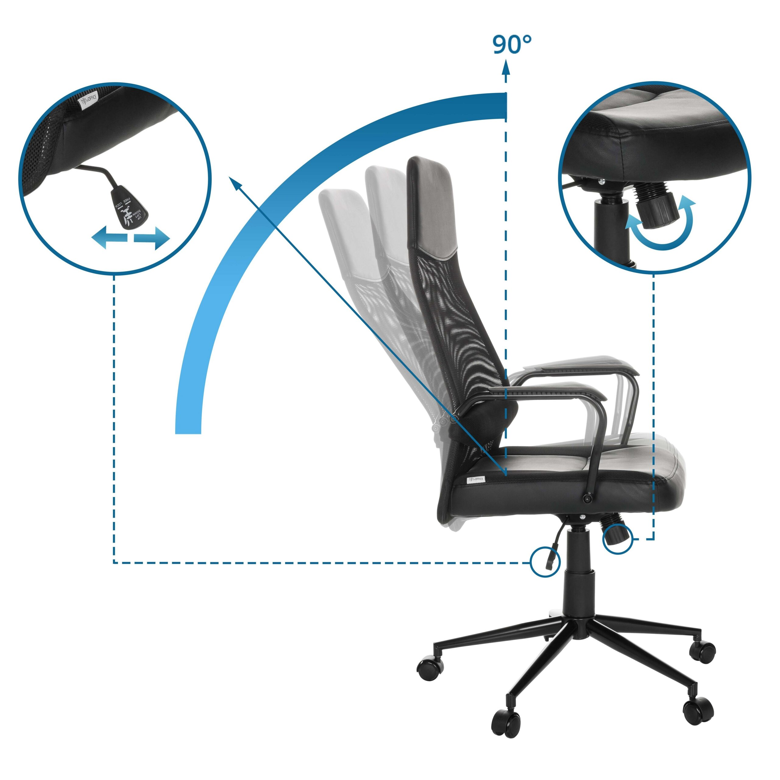 Diagramm zeigt die Neigungsfunktion eines schwarzen Buerostuhls mit 90 Grad Winkel und Bedienelementen.