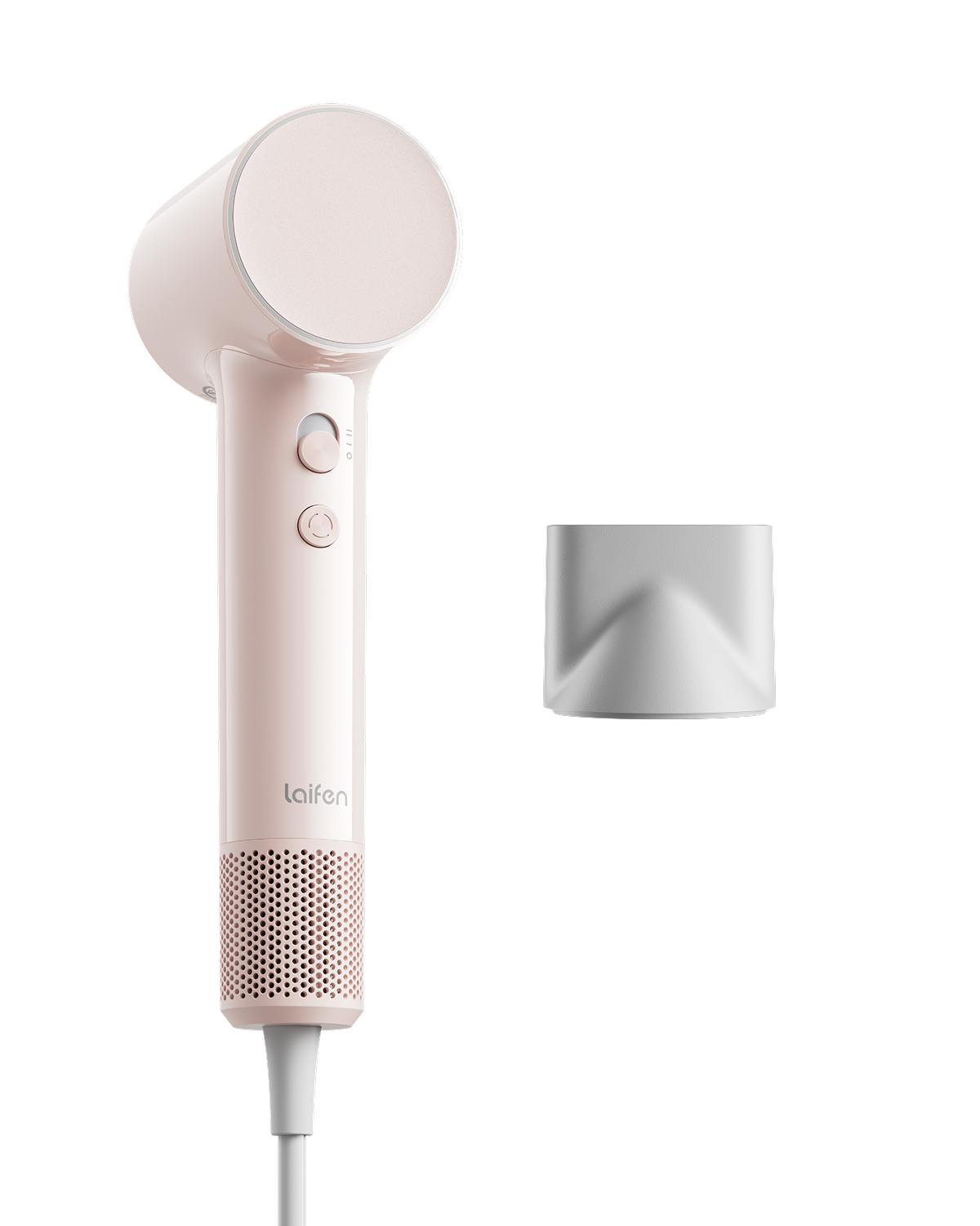 Un sèche-cheveux rose avec un embout concentrateur sur fond blanc.