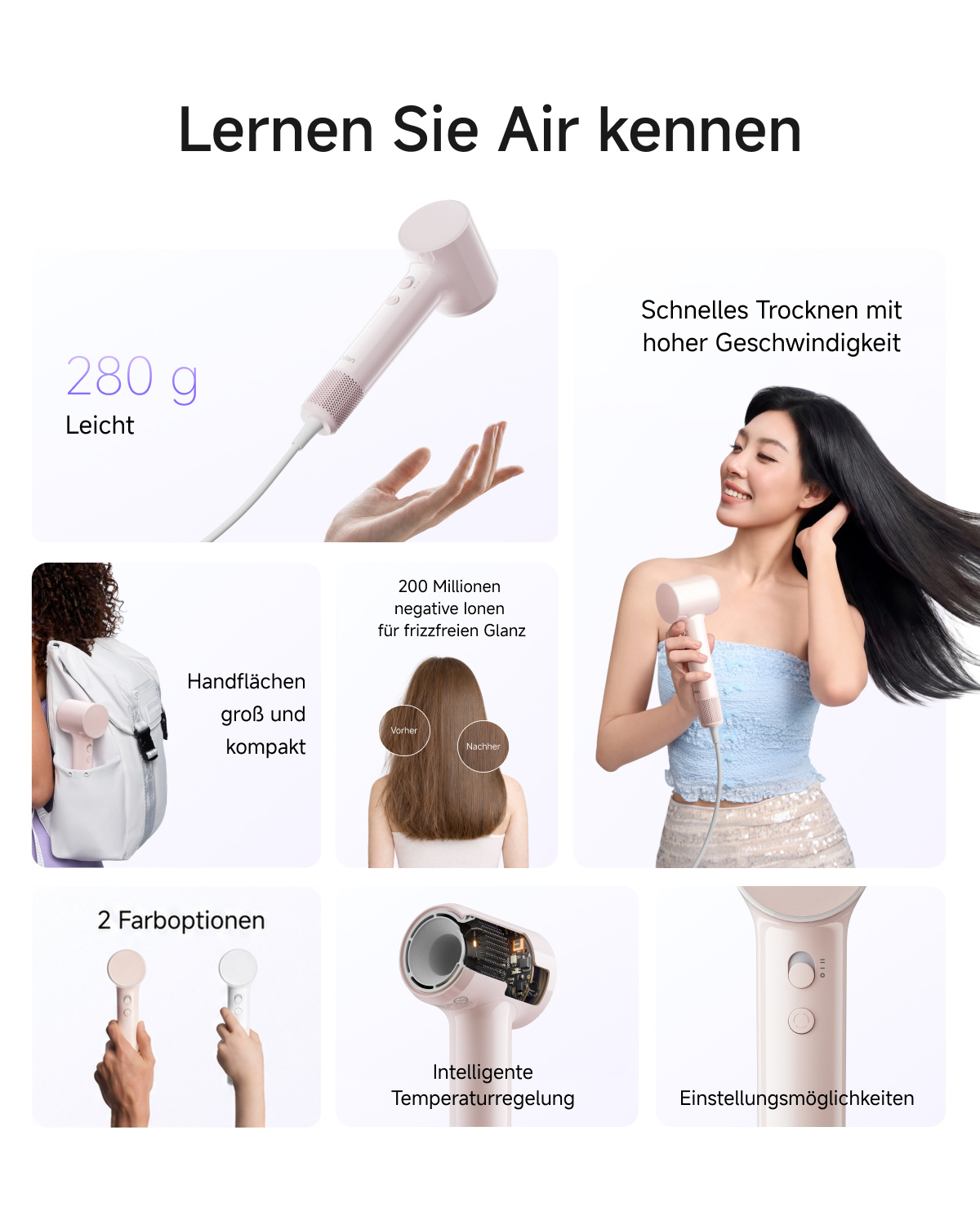 Infographie présentant les caractéristiques d'un sèche-cheveux rose clair, poids et ions.