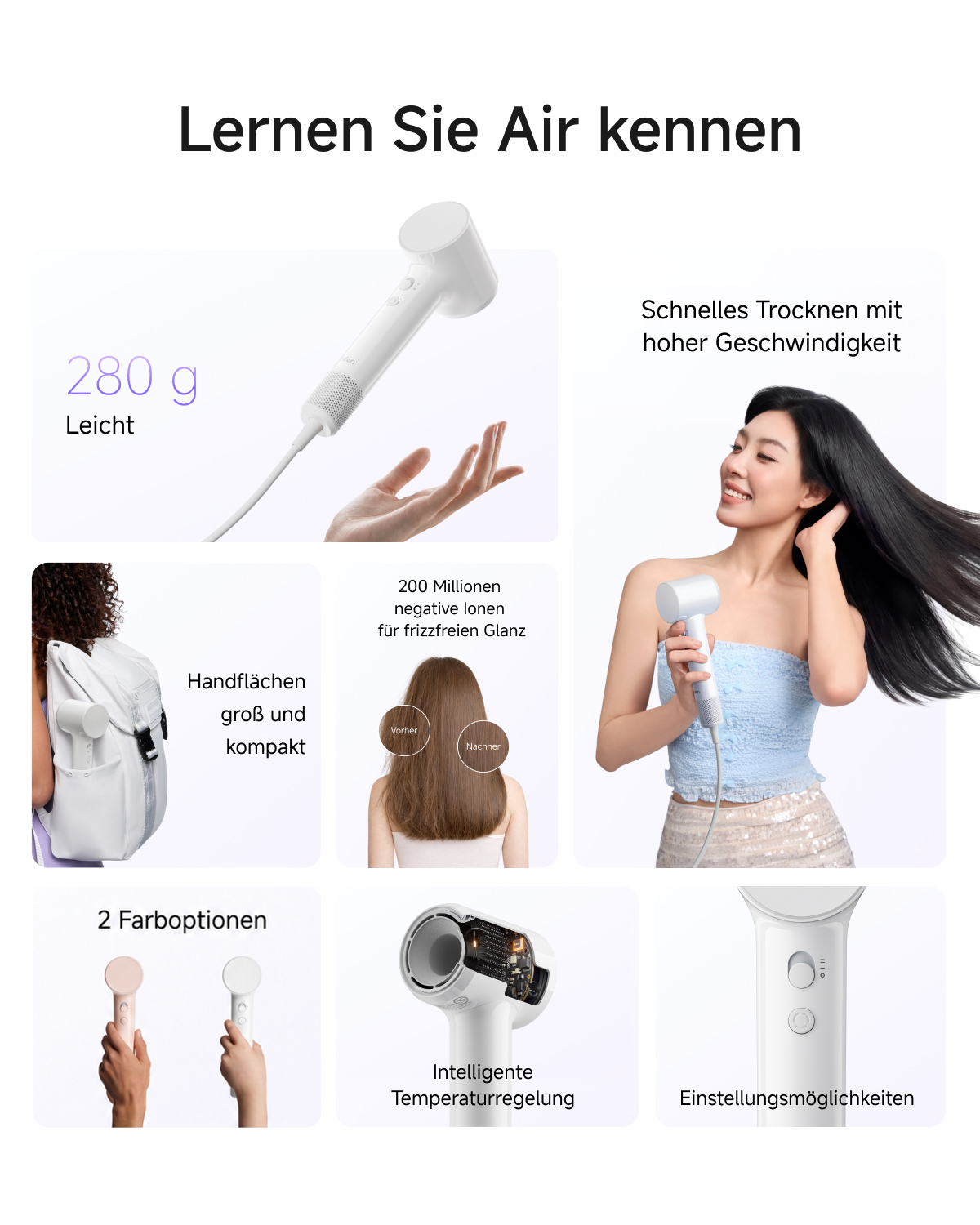Aperçu d'un sèche-cheveux blanc mettant en valeur un design léger, un séchage rapide et un soin ionique.