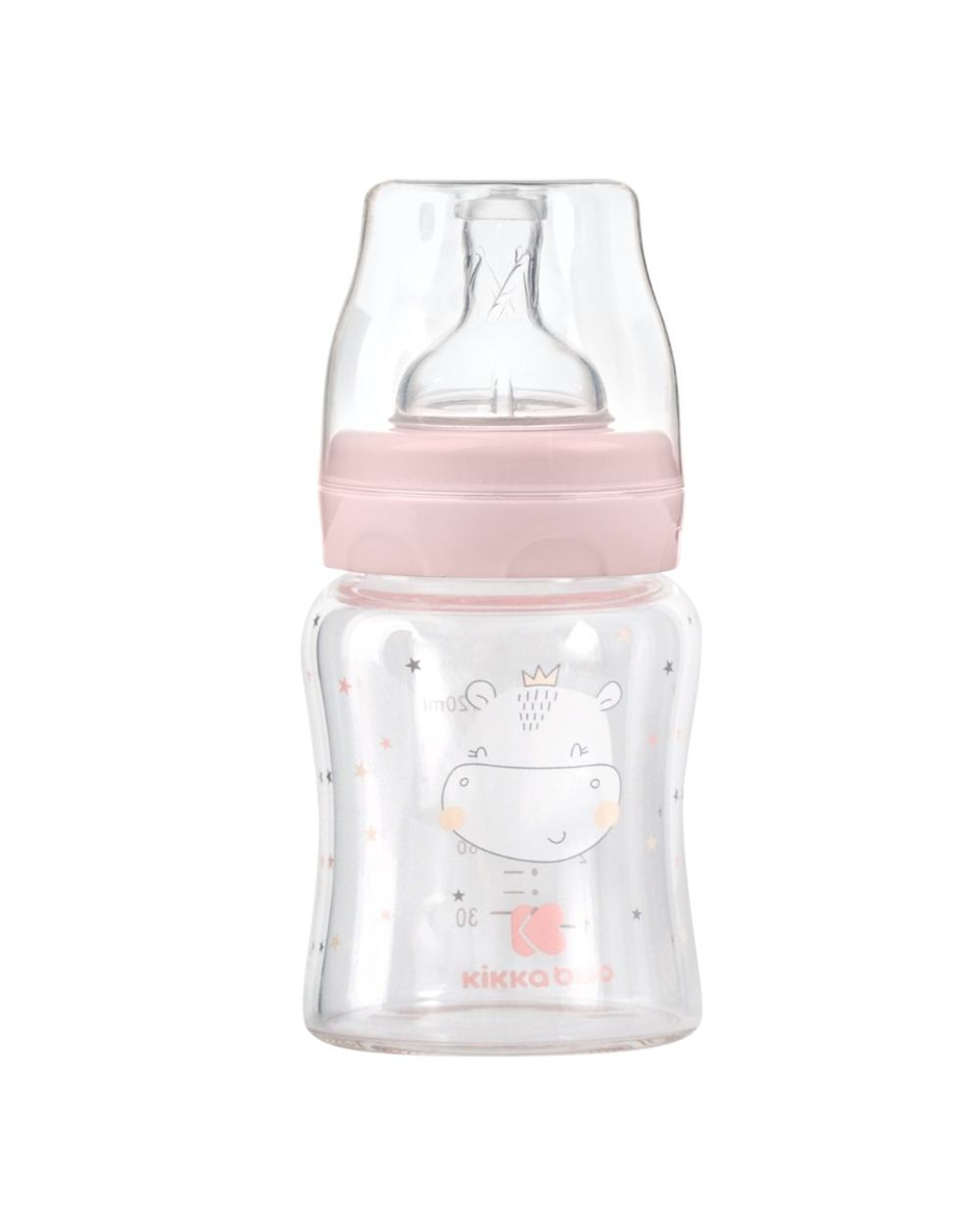 Eine transparente Babyflasche mit pinkfarbenem Schraubverschluss und Kappe, verziert mit einem niedlichen Nilpferd.