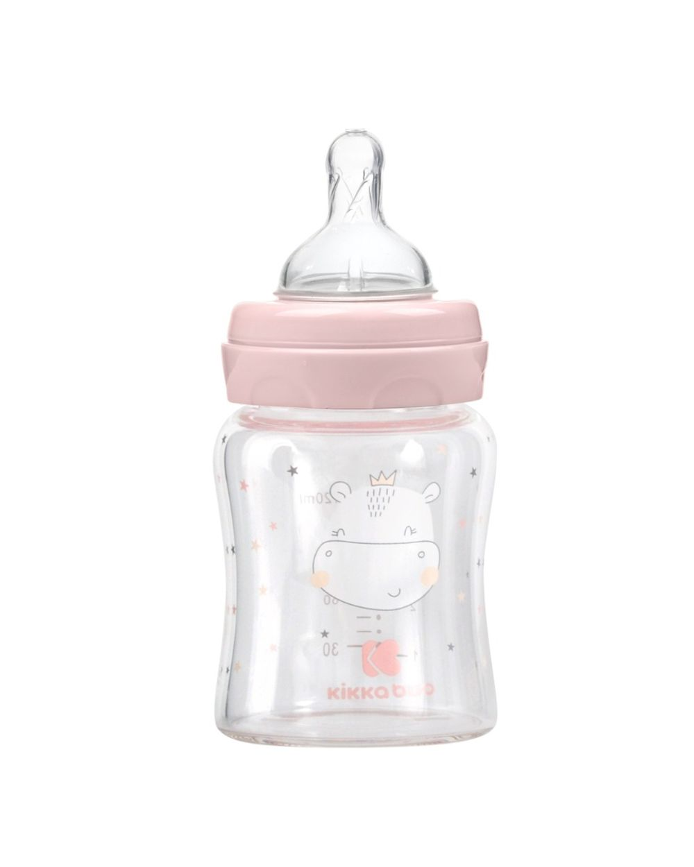 Eine klare Babyflasche mit rosa Kappe, Sauger und Nilpferd-Illustration.