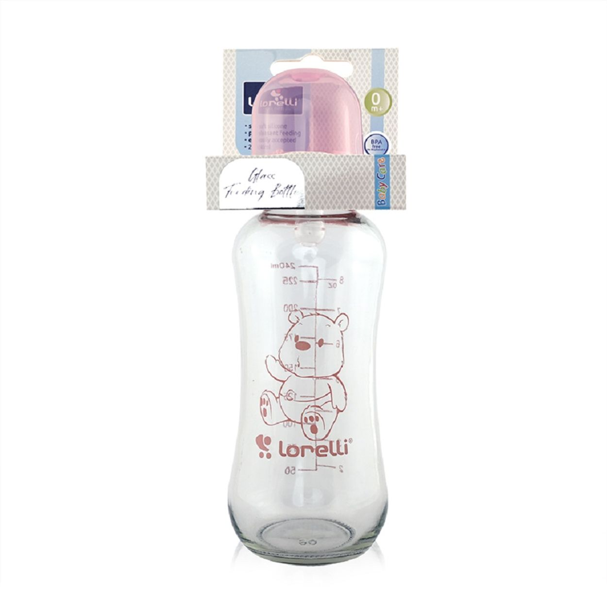 Eine Glasbabyflasche von Lorelli mit einem Bärenmotiv, Messmarkierungen und einer rosa Schutzkappe in Verpackung.