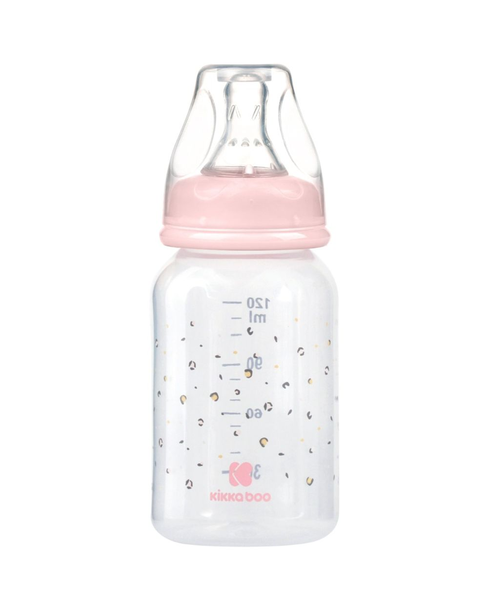Eine klare Babyflasche mit rosa Kappe, Sauger und Leopardenmuster, mit Messmarkierungen an der Seite.