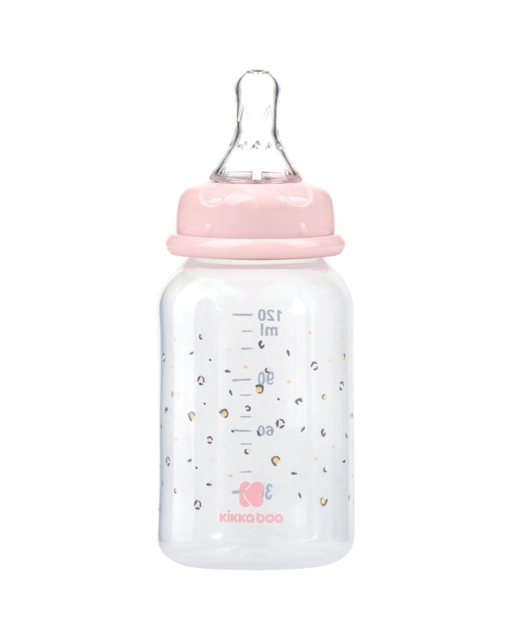 Eine klare Babyflasche mit rosa Kappe, Sauger, Skala und dezentem Tiermuster auf weißem Hintergrund.
