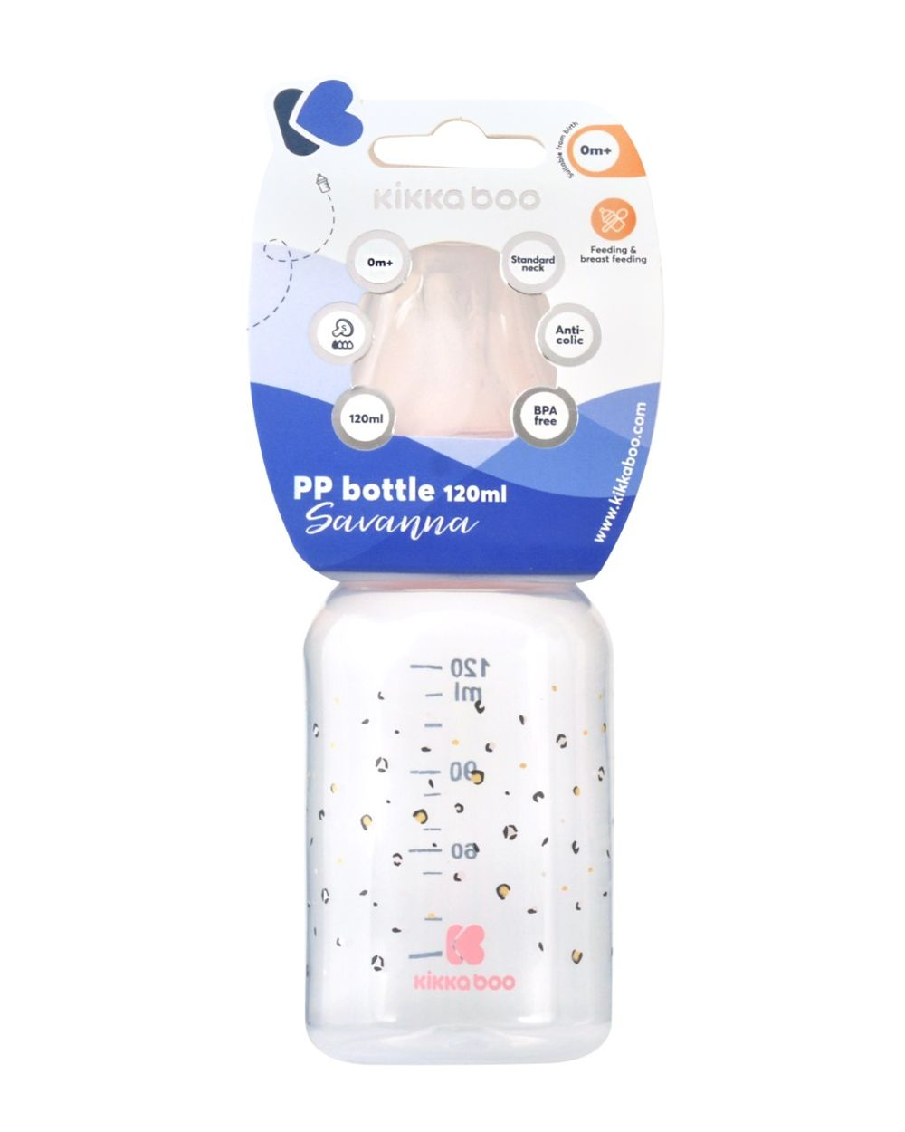 PP-Babyflasche 120ml Savanna mit Tiermustern auf weißem Hintergrund.