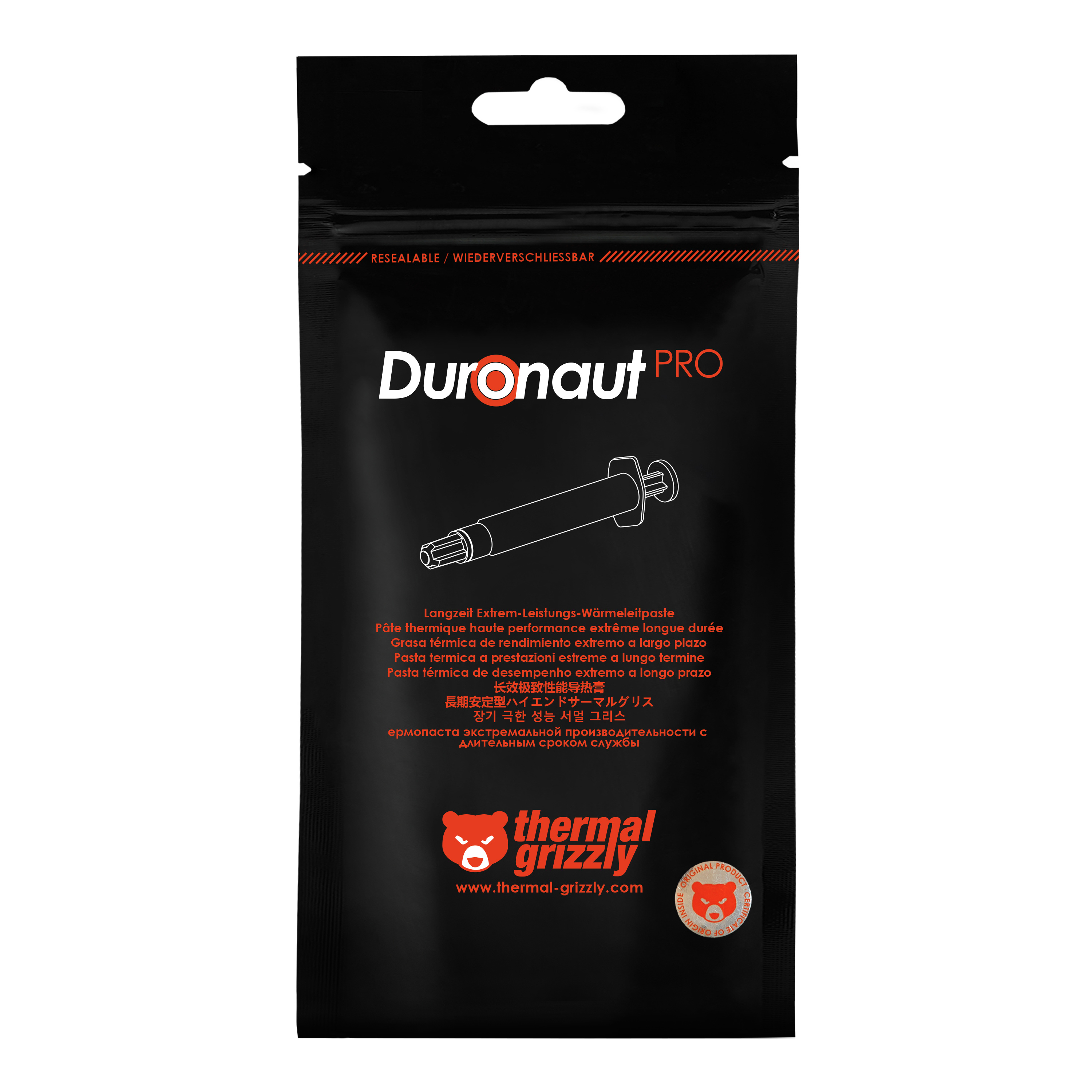 Schwarze Verpackung von Thermal Grizzly Duronaut PRO Wärmeleitpaste mit weißem Spritzensymbol.
