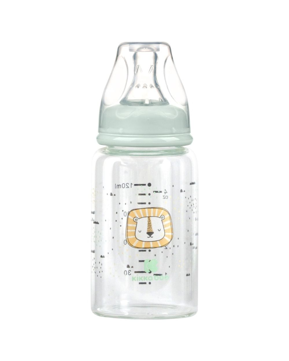 Eine Babyflasche aus Glas mit einem hellgrünen Verschluss und einem niedlichen Löwenaufdruck.