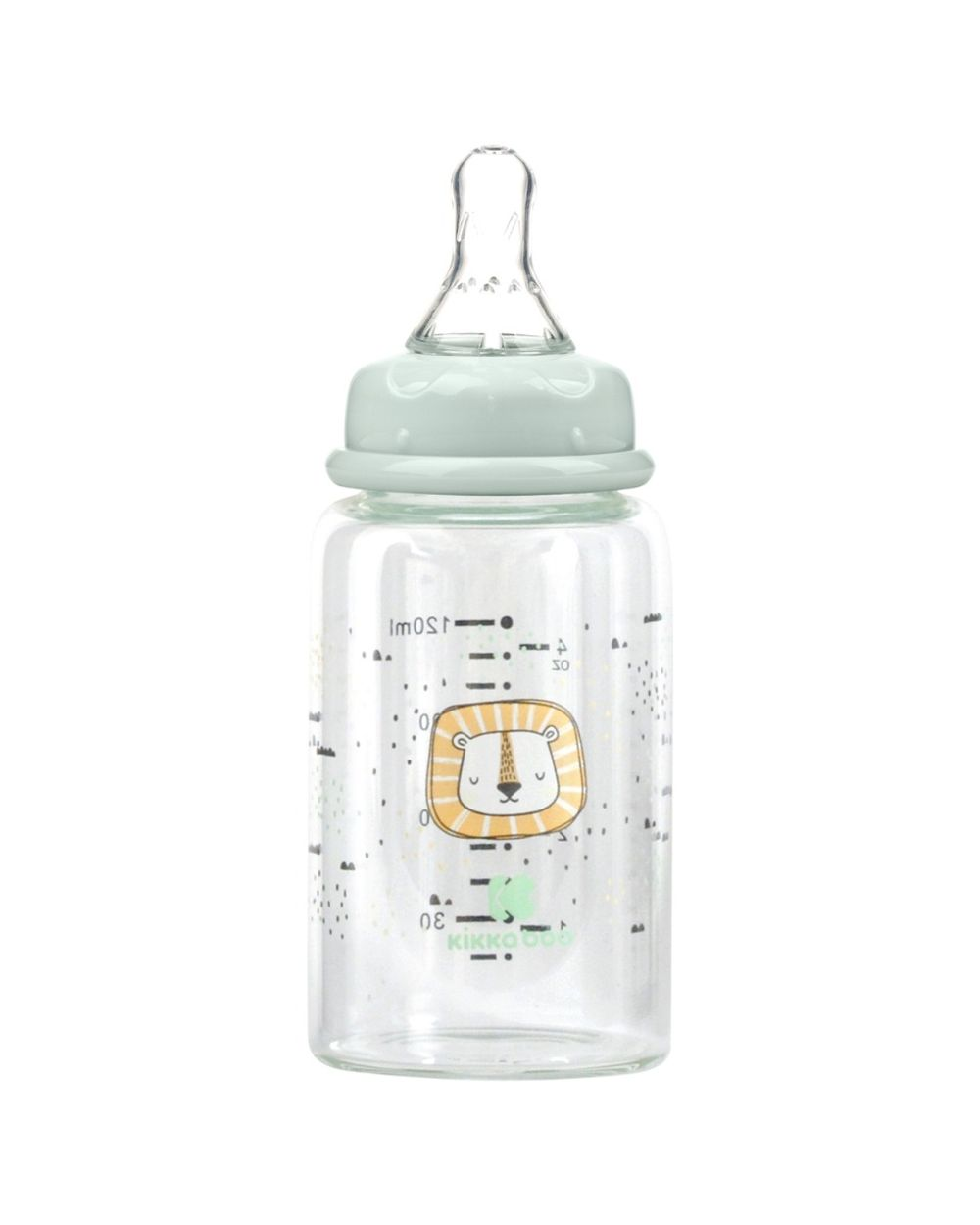Transparente Babyflasche mit mintgrünem Deckel und niedlichem Löwen-Motiv.