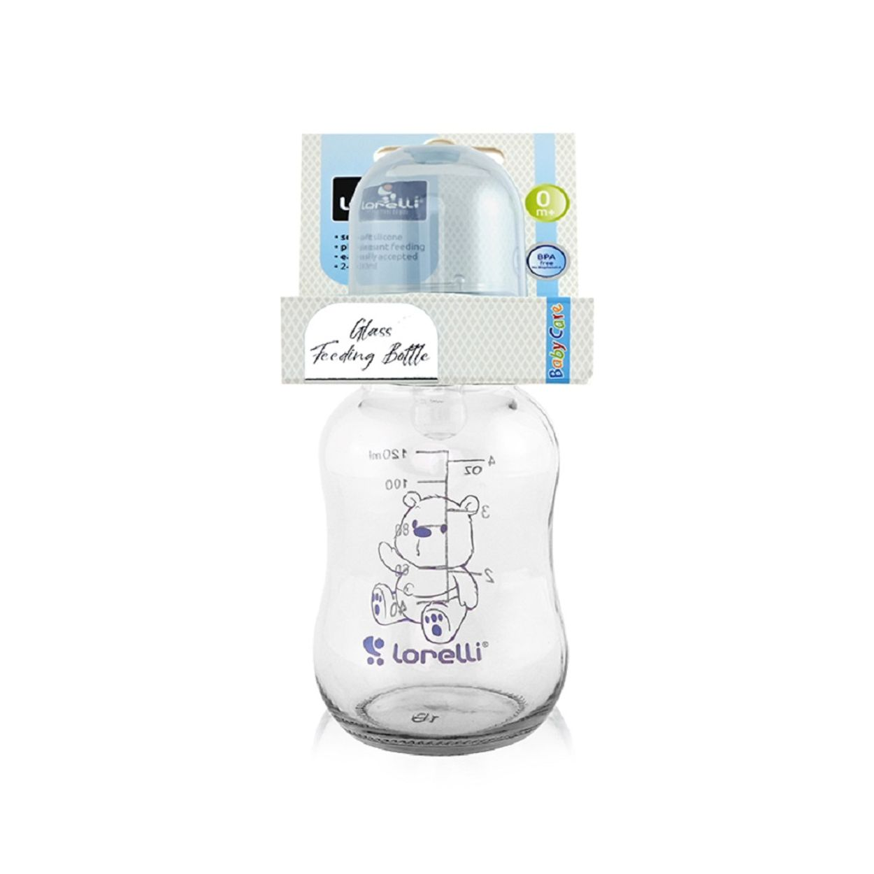 Eine Glasbabyflasche von Lorelli mit blauer Kappe und einem niedlichen Bärenmotiv in der Verpackung.