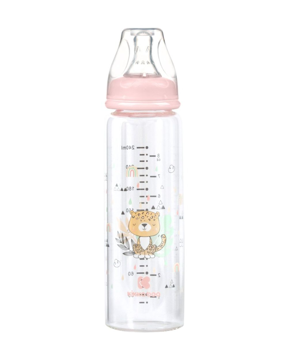 Eine durchsichtige Babyflasche mit rosa Kappe und einem niedlichen Leopardenmuster auf der Vorderseite.